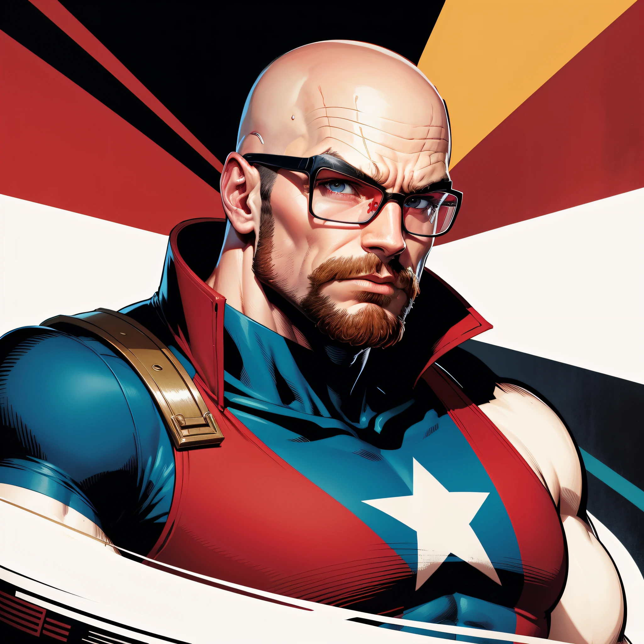 Captain communist, soldierboy, captain american, fitbody, communism symbol, heroic, cartoon style, comic style, rich color, smooth, heroic face, bald, no hair, heroic posing, glasses, red armor, red clothes.