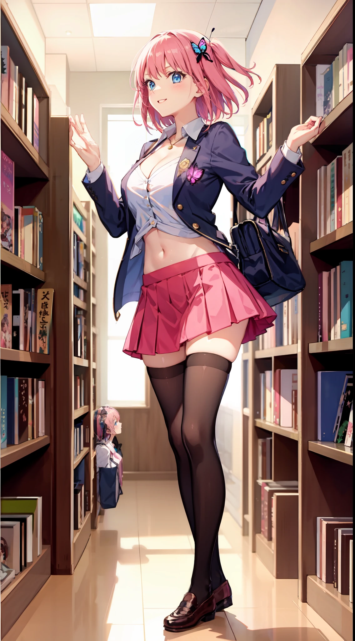 nakano_nino, short hair, slim legs, happy, cleavage, short skirt, navel, blue eyes, school uniform, thigh high socks, stand, library, pink hair, butterfly hair ornaments