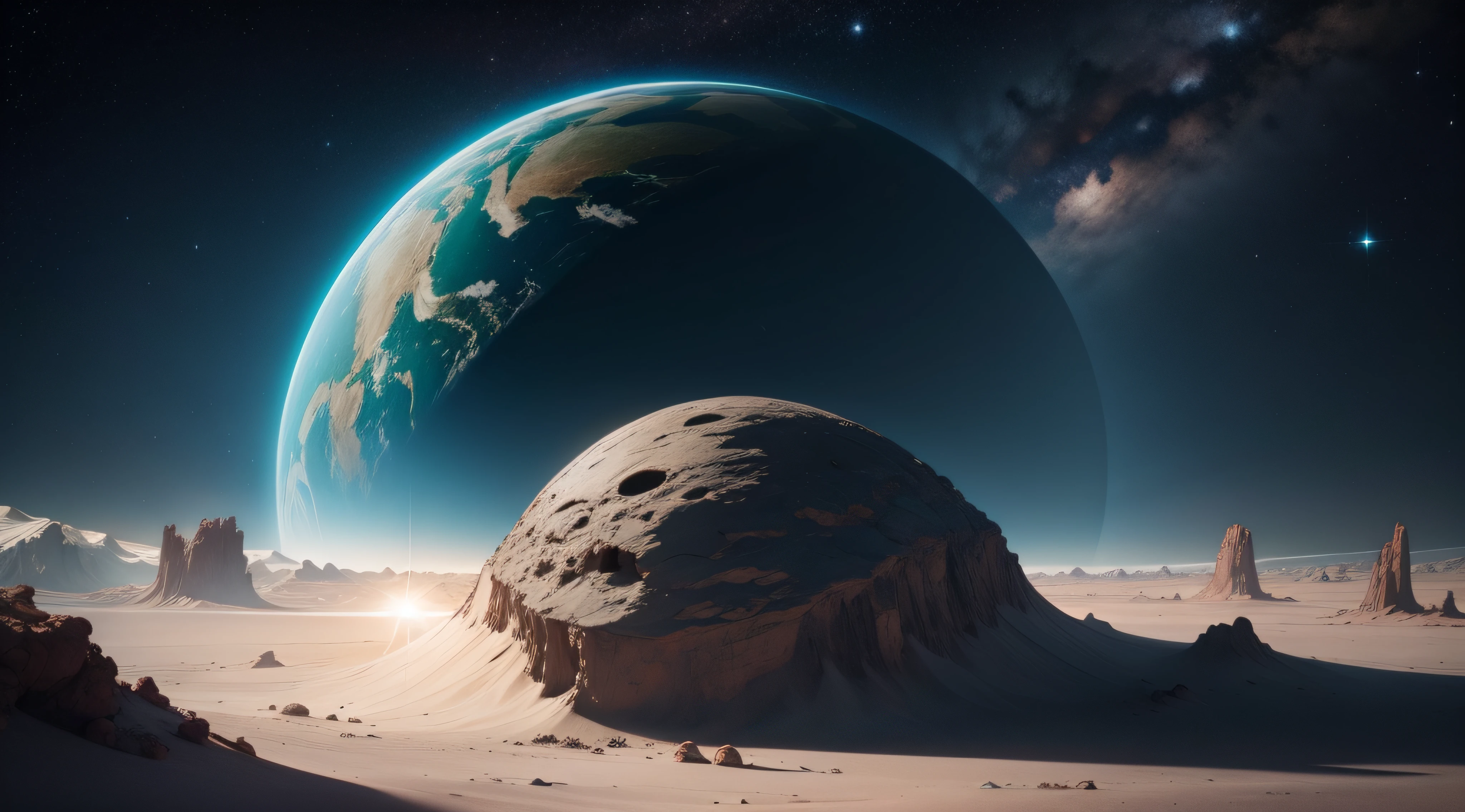 Image of space with an alien planet in the background, realista como uma fotografia.