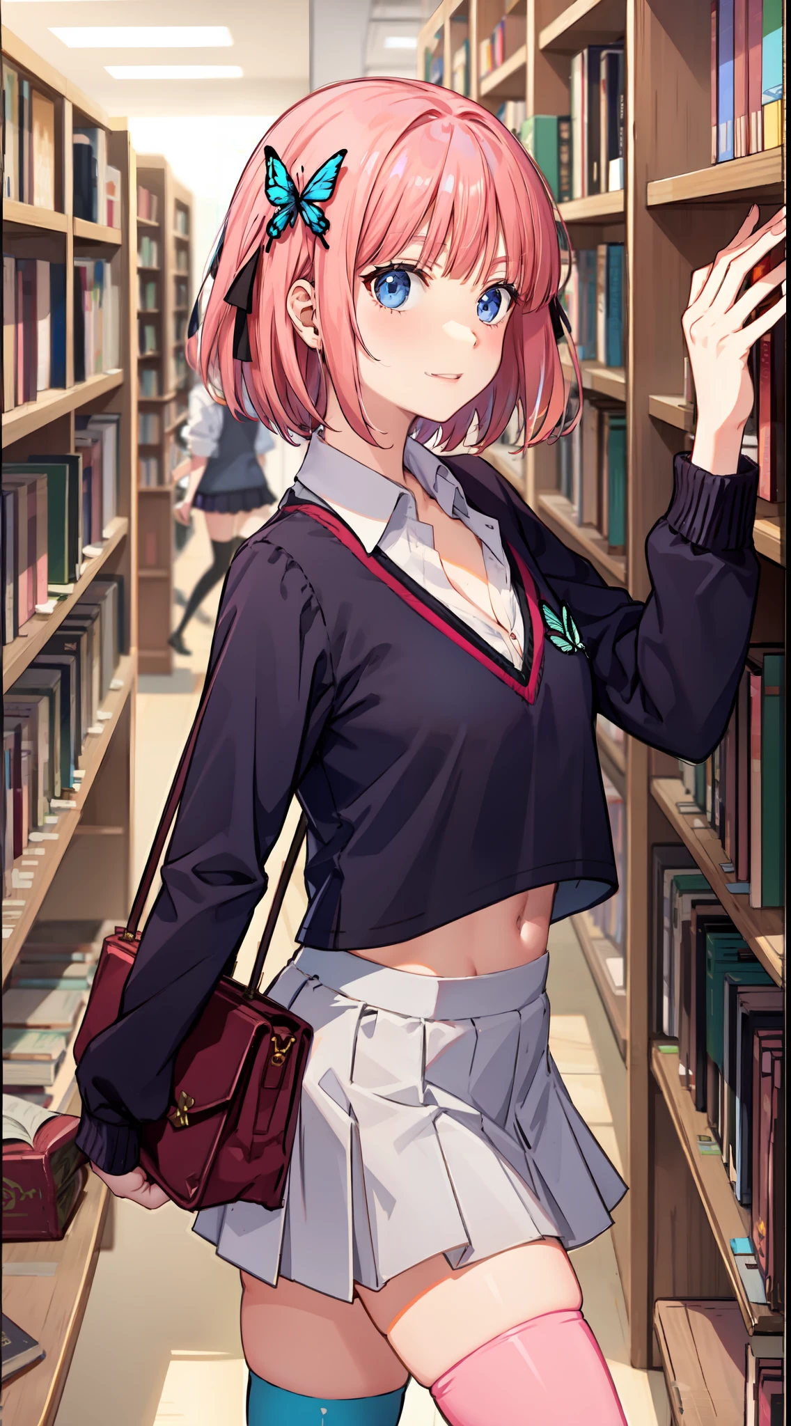 nakano_nino, short hair, slim legs, happy, cleavage, short skirt, navel, blue eyes, school uniform, thigh high socks, stand, library, pink hair, butterfly hair ornaments