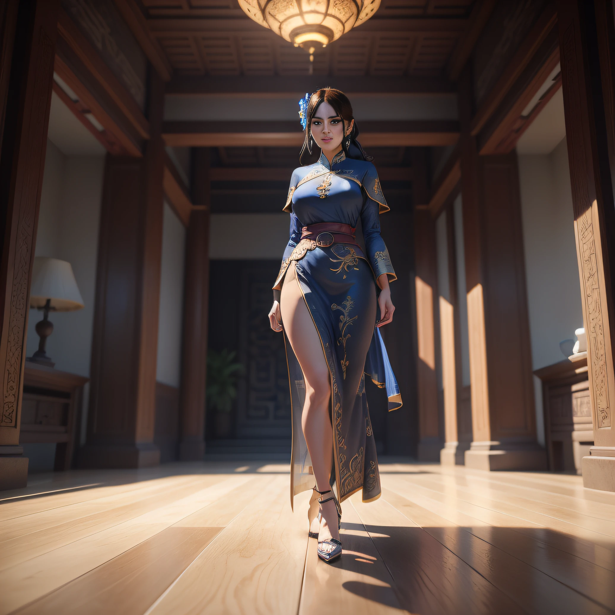 Woman in a blue dress and gold belt posing in an old stone Chinese temple, unreal engine render + uma deusa, 3D render arte do caractere 8 k, Fantasy Style 8k Octane Rendering, deusa chinesa, 3D , (octan render) estilo fantasia, stuning fantasia 3D render, deviantart artstation cgscosiety, Heroic cinematic pose, olhos azuis, pele clara e suave, cabelos longo liso e loiro, Symmetrical weights, dedos dos pes e das maos detalhados,standing walking towards the screen