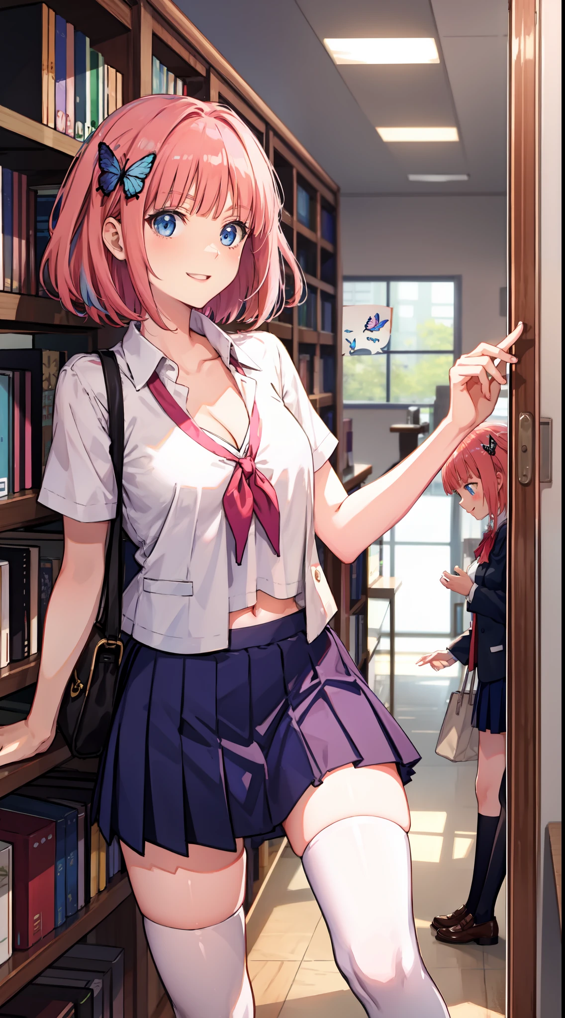 nakano_nino, short hair, slim legs, happy, cleavage, short skirt, navel, blue eyes, school uniform, thigh high socks, stand, library, pink hair, butterfly hair ornaments
