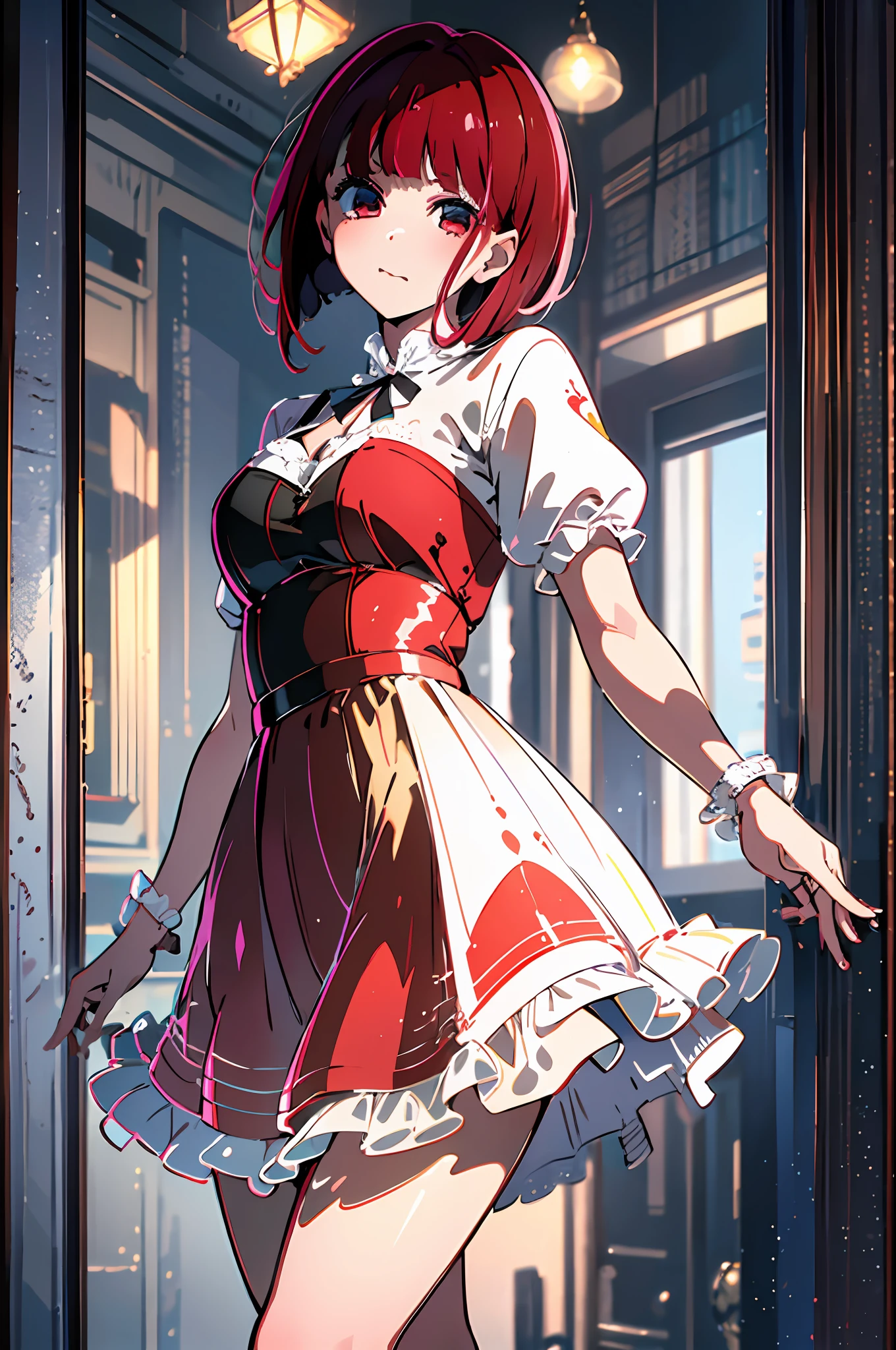 ((night, realistic light, top quality, 8K, masterpiece: 1.3)), full-body, girl, petite: 1.4, prominent abs: 1.1, uneven, (red hair, red big eyes, short hair, big: 1.2), moist silk dress: 1.2, bathroom, baby face, full eye details, ). {{Masterpiece}}, {{Highest Quality}, {{Super Detail}}, {{Illustration}}, {{Masterpiece}}, {Best Quality}, {{Super Detail}, {{{Illustration}, Beautiful Scene, Clear Facial Features, Hyperrealistic, Octane Rendering, UE5, High Detail, Hyper Quality, High Resolution, Art Station Trend, Hyperrealism, Surrealism, HD, 16K, Telephoto Lens, Medium Close-Up, Split Lighting, Vibrant, Moments of Miracle in Lover, Fantastic Visual Depiction, Professional Effects, Beautiful Girl, Petite Girl, ta Big, Beautiful Nails, Beautiful Fingers