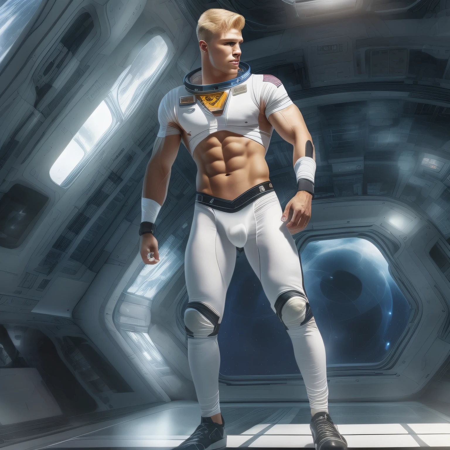 a realistic handsome naked blonde muscular athletic man, with short blonde hair,  wearing a revealing transparent black and white uniform and jockstrap, as a future astronaut in a spaceship, dynamic pose, full body image, dynamic pose, seen from a low angle