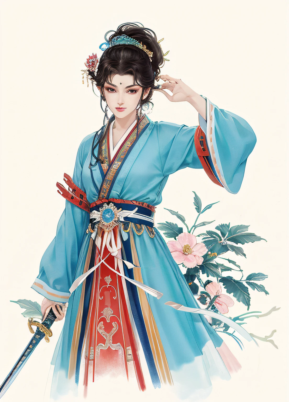 A heroine,Top view,Sword in hand,Handsome and heroic,sharp looking eyes,Stylish and confident,atmospurate,Magnificent,Indicate the direction,Traditional Hanfu,full bodyesbian,、The background is clean,8K,k hd,ultra-noise-cancelling,HighestQuali,Ultra high quality
