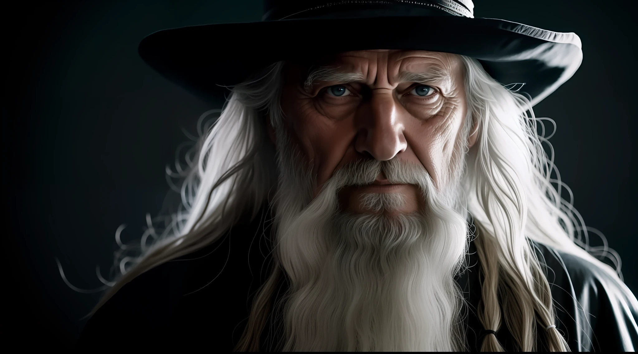 wizard, close up shot, old man, white and long hair, magic, cinematic, white and long, Dark portrait, standing in the middle of a black background