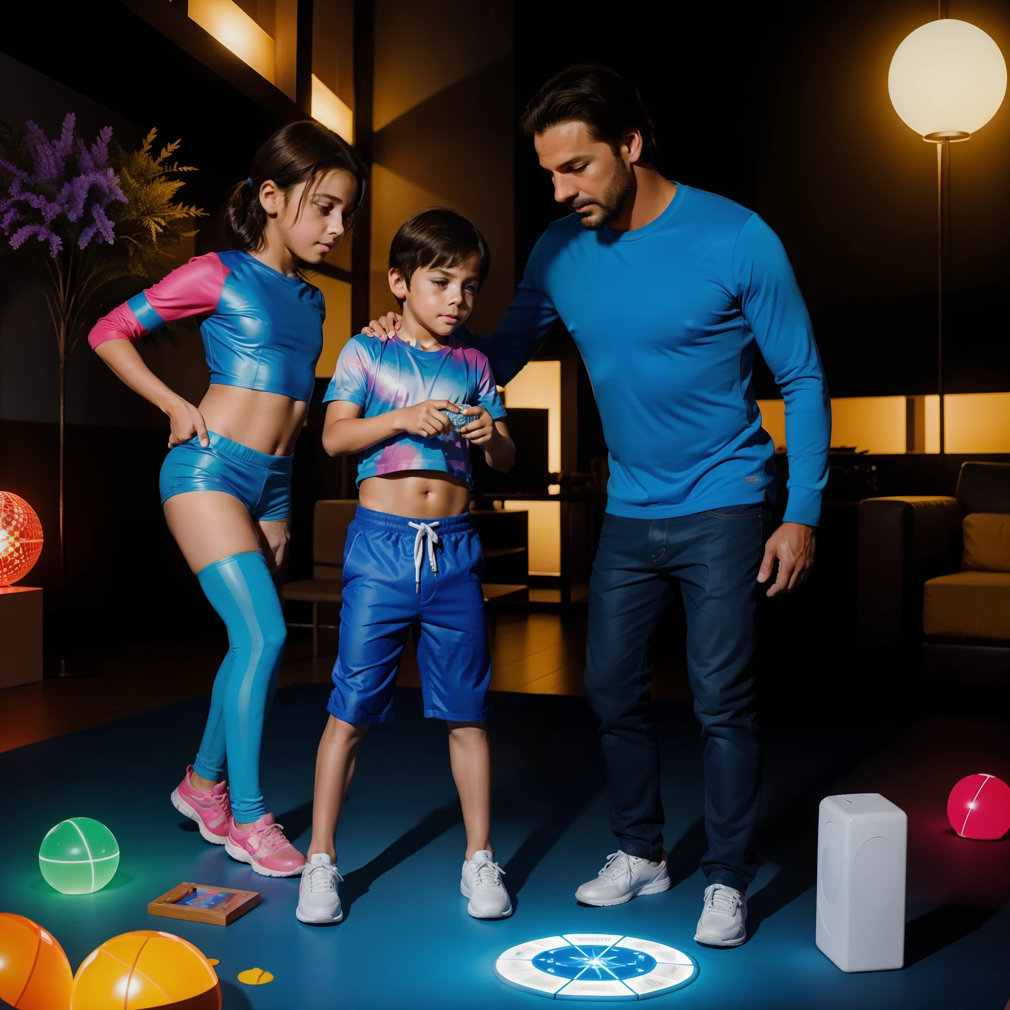40-year-old father, 9-year-old son, jugando juegos de mesa futurista, el juego es un holograma, muy colorido, neones, juego detallado, las fichas flotan, brillos, bright illumination, juego detallado, juego 8k, altamente definido