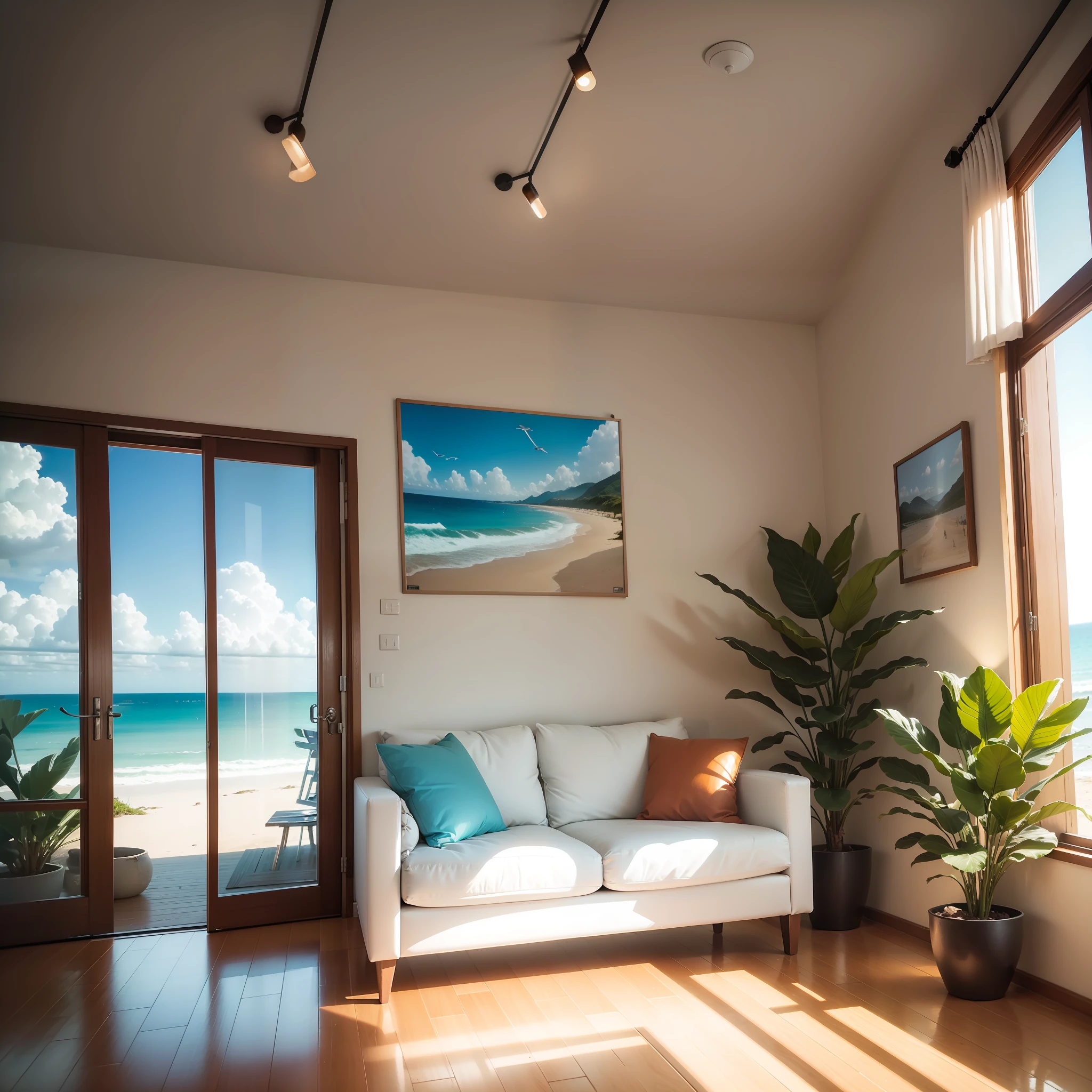Sala decorada com moveis bonitos, Janela grande mostrando paisagem de praia.