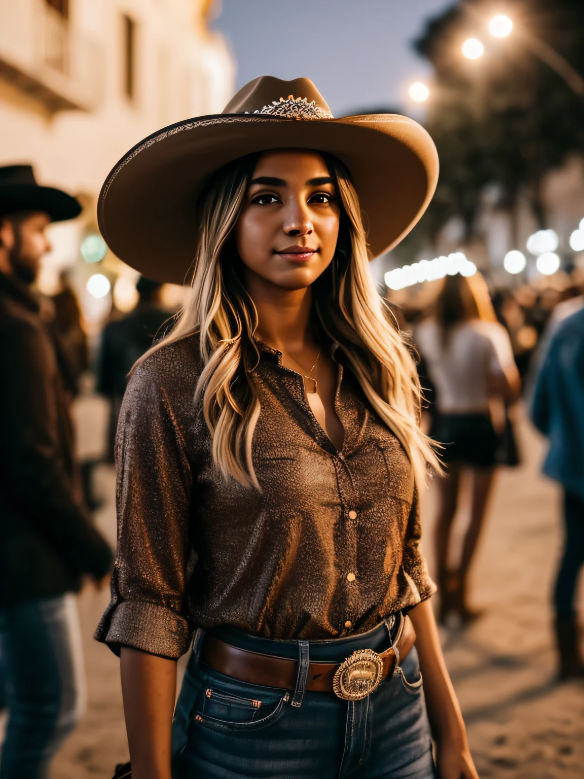 Foto RAW de uma mulher branca do sul de 24 anos, average-looking person, cabelo loiro, wearing a cowgirl hat and brown boots, sardas, (rosto detalhado), corpo em forma, ((meio corpo)), em um evento sertanejo, palco iluminado ao fundo, crowd of people with hats in the background, de noite, (pele altamente detalhada: 1.2), 8k uhd, dslr, soft-lighting, alta qualidade, grain of film, Fujifilm XT3