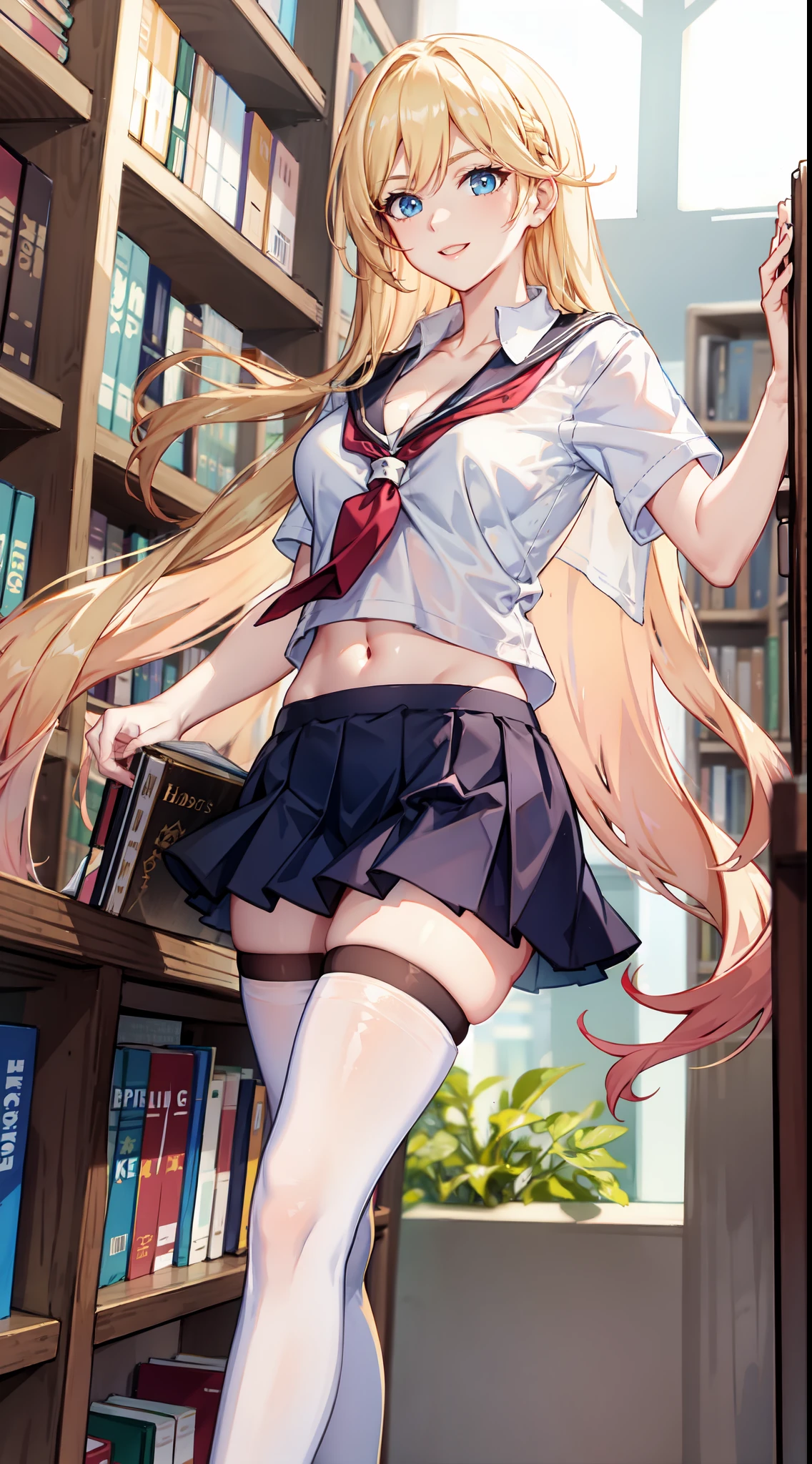 slim legs, happy, cleavage, short skirt, navel, blue eyes, school uniform, thigh high socks, stand, library , blonde hair, long hair