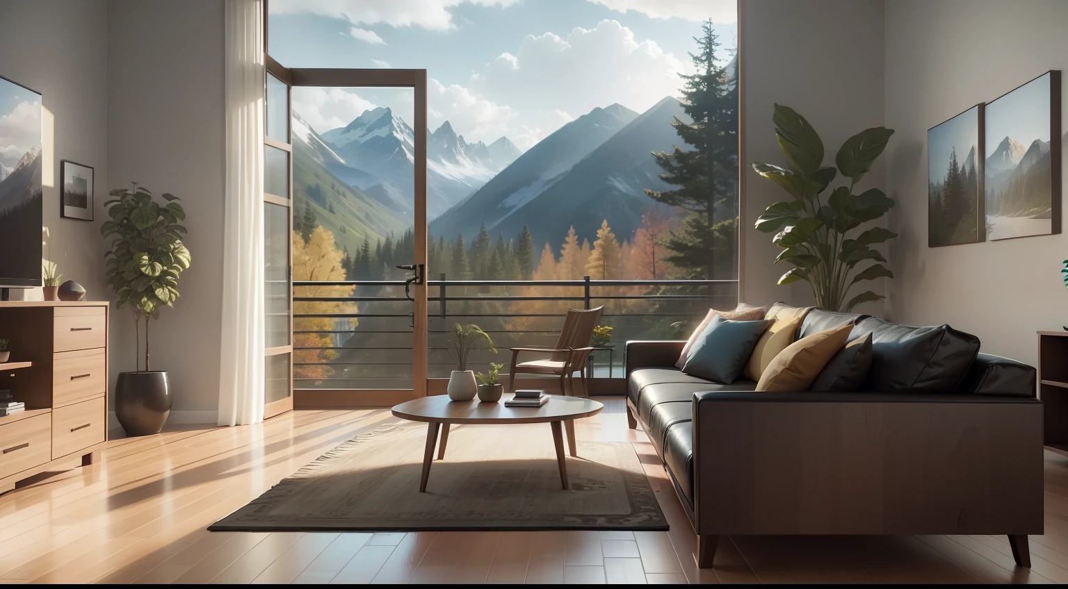 A beautiful modern living room with wood floors, large windows with a beautiful view, an area rug, plants, forest, mountains, spring, realistic, hd, 8 k, digital rendering, unreal engine, blender, octane, maya
