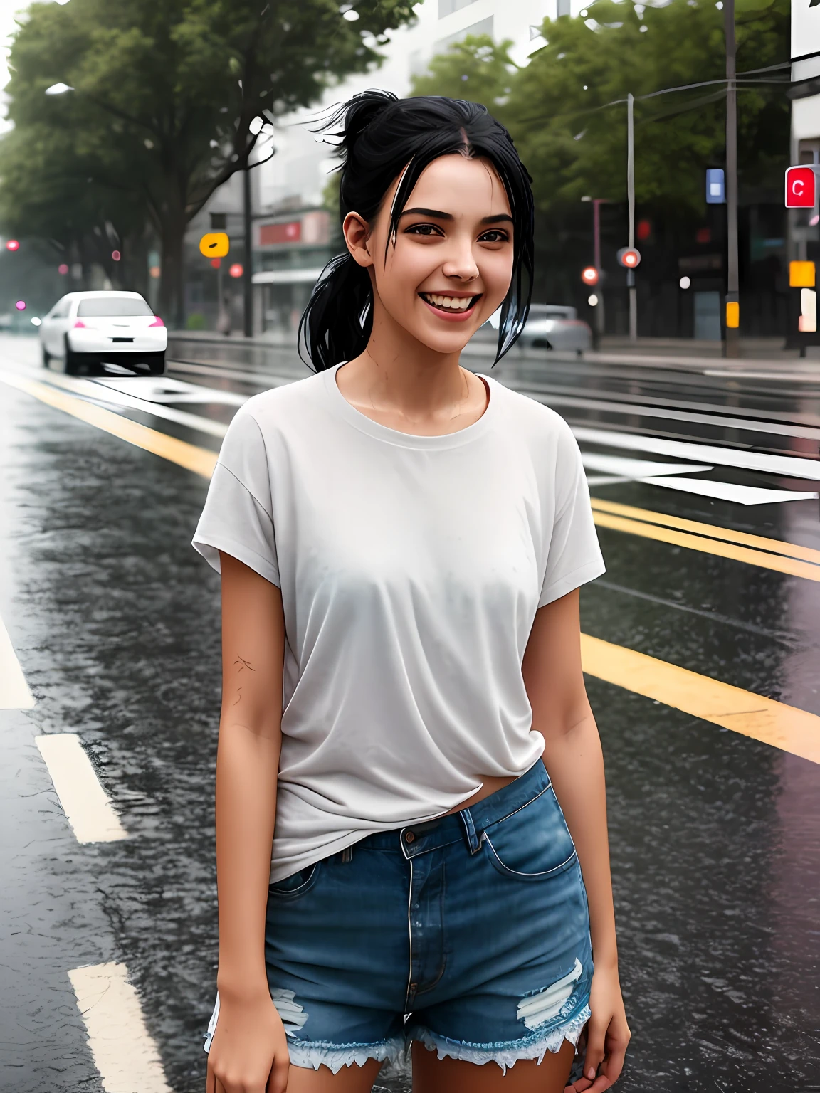 a young woman, street, laughing, black hair's, ponytails, (hdr:1.3), (muted colors:1.2), dramatic, complex background, cinematic, filmic, (rutkowski, artstation:0.8), soaking wet, wearing white wet Teeshirt, basic and round neck plain Tee-shirt, full body length, skinny jeans, slim perfect body, rainy weather, wet road, full body