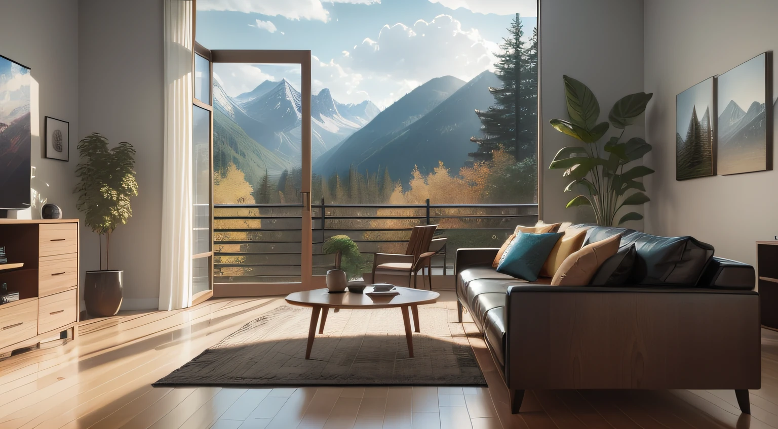 A beautiful modern living room with wood floors, large windows with a beautiful view, an area rug, plants, forest, mountains, spring, realistic, hd, 8 k, digital rendering, unreal engine, blender, octane, maya