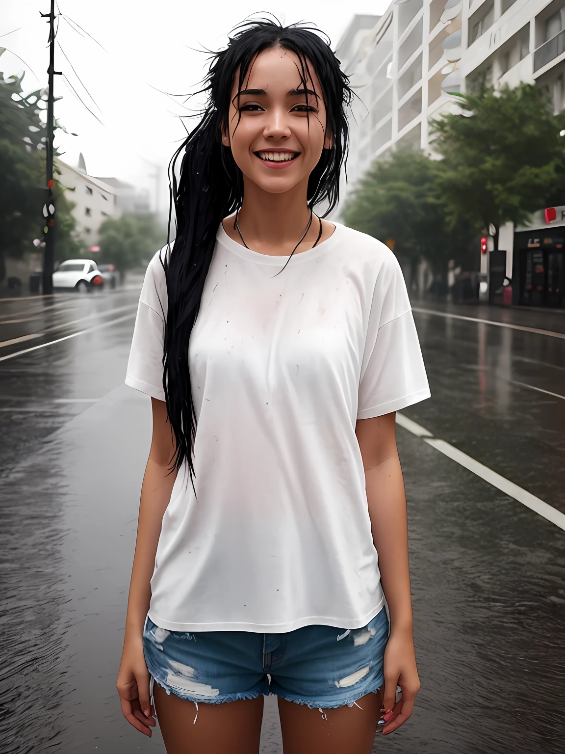 a young woman, street, laughing, black hair's, ponytails, (hdr:1.3), (muted colors:1.2), dramatic, complex background, cinematic, filmic, (rutkowski, artstation:0.8), soaking wet, wearing white wet Teeshirt, basic and round neck plain Tee-shirt, full body length, skinny jeans, slim perfect body, rainy weather, wet road, full body