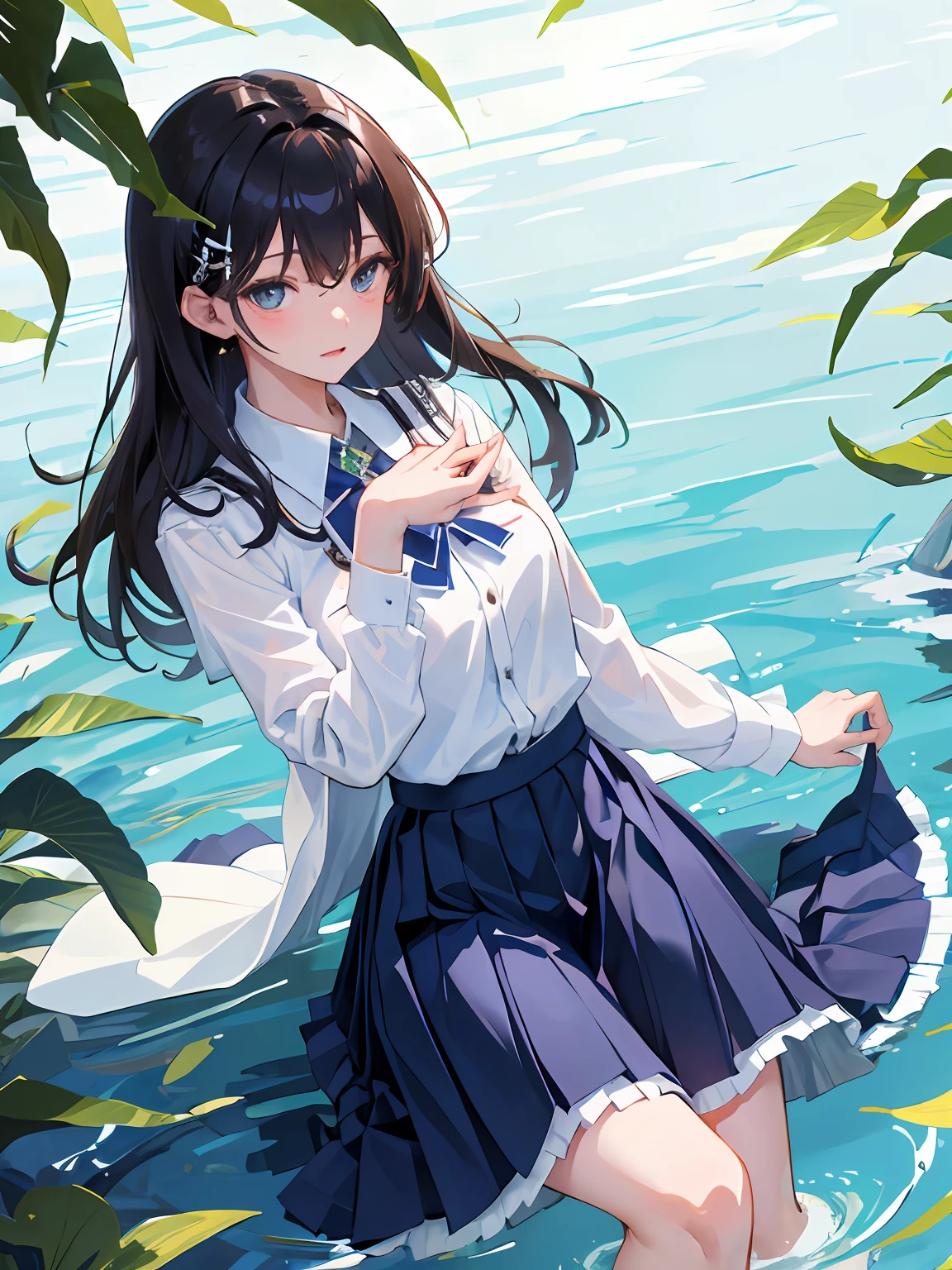 （​masterpiece、top-quality）、(((Pinch the skirt with your hands)))、Flip the skirt with your hands、Holding the skirt in the hands，playing in the water