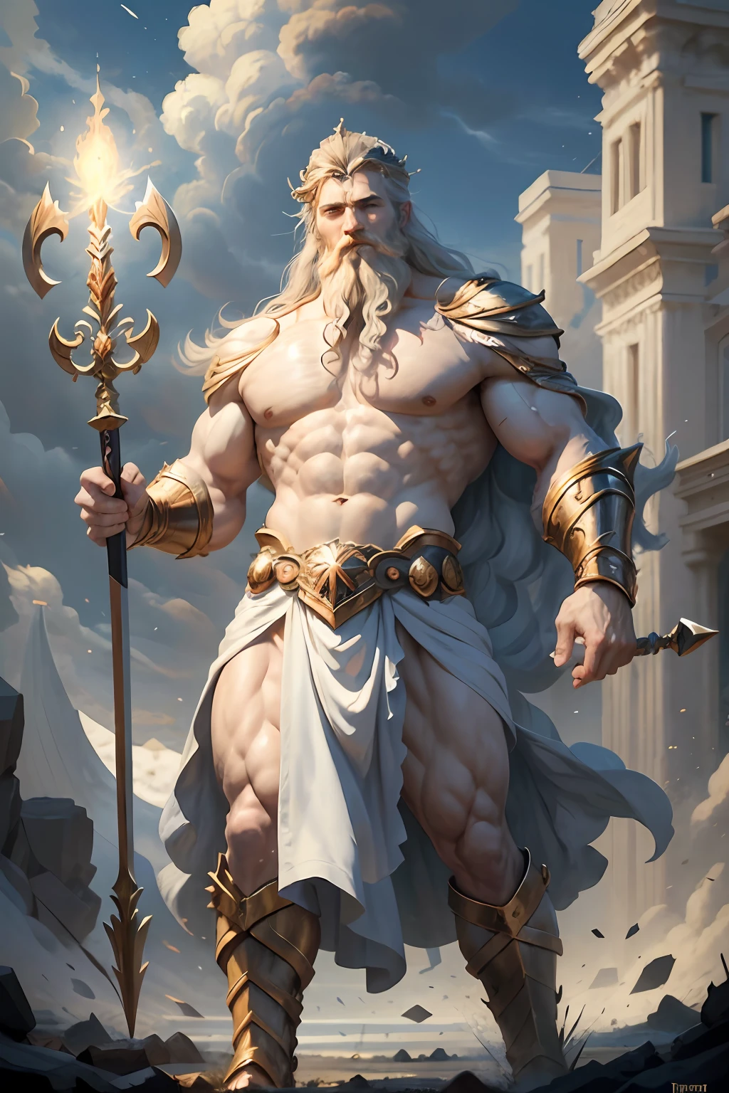 ((Best Quality)), ((Masterpiece)), (detailed), depiction of Zeus, god of the Greek gods, (mythology: 1.2), (majestic appearance: 1.1), (spear of thor in hand: 1.2), flowing beard and hair, muscular physique, wearing a crown made of shells, (marine field: 1.1), (powerful presence: 1.2), (tempest: 1.1), (divine aura: 1.1), (commanding gaze: 1.1), 8k resolution.