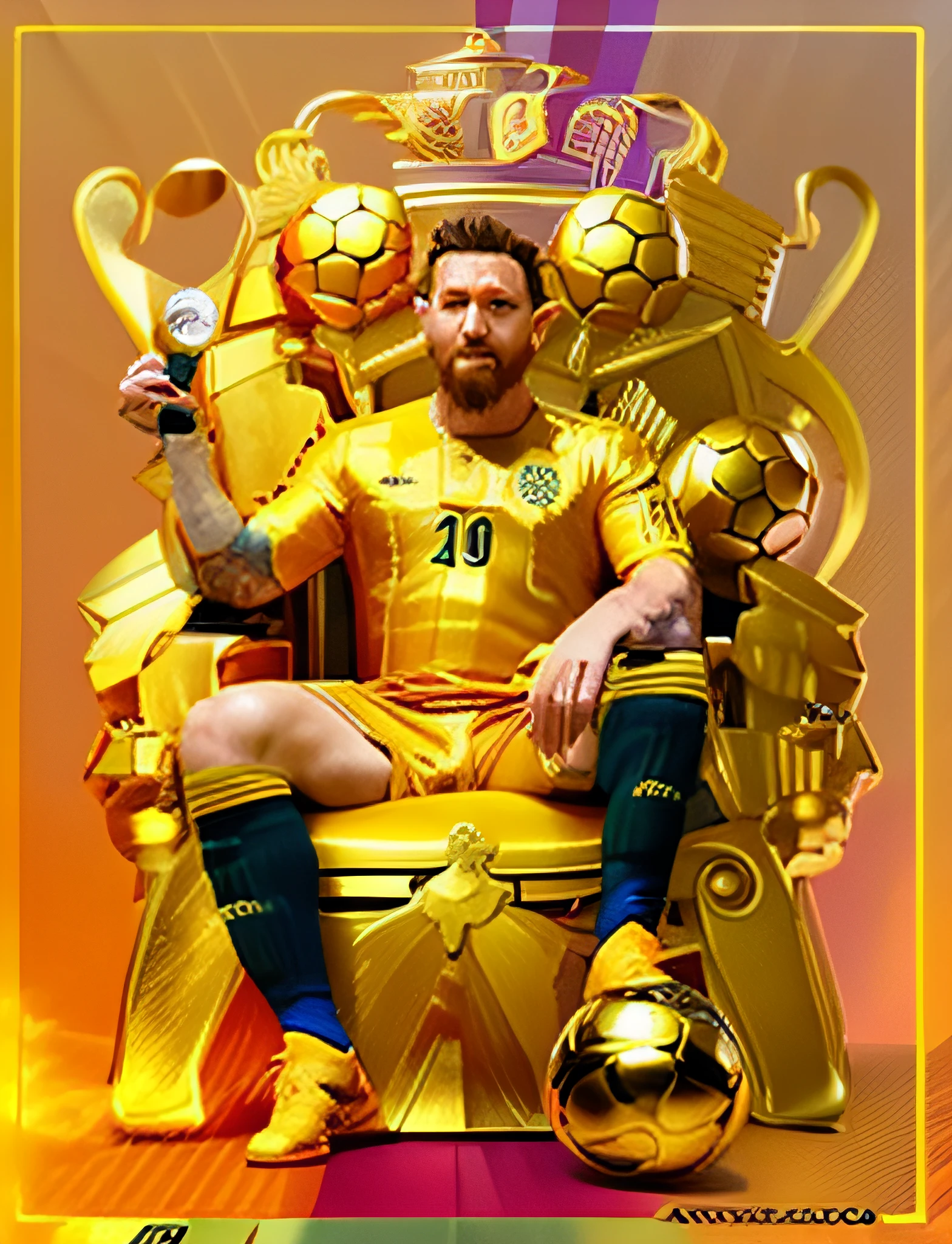 a man holding a trophy in front of a crowd of people, messi, lionel messi, the best ever, messi as a viking, messi as cyborg, 😃😀😄☺🙃😉😗, 🌻🎹🎼, at the world cup, 2 0 2 4, 2024, lionel messi portrait, highlights, 2 0 2 3, 2023, there is a man sitting on a throne with a soccer ball, messi as a viking, lionel messi portrait, messi, lionel messi, sitting on a golden throne, inspired by Mike Winkelmann, sitting on golden throne, messi as cyborg, gold throne, golden throne, official artwork, sitting in a gilded throne, at the world cup, messi dunking on ronaldo, arafed image of a man sitting on a chair with a soccer trophy, lionel messi portrait, messi, lionel messi, the best ever, messi as a viking, official artwork, jen bartel, official art, messi as cyborg, official, official fan art, messi dunking on ronaldo, at the world cup, 😃😀😄☺🙃😉😗