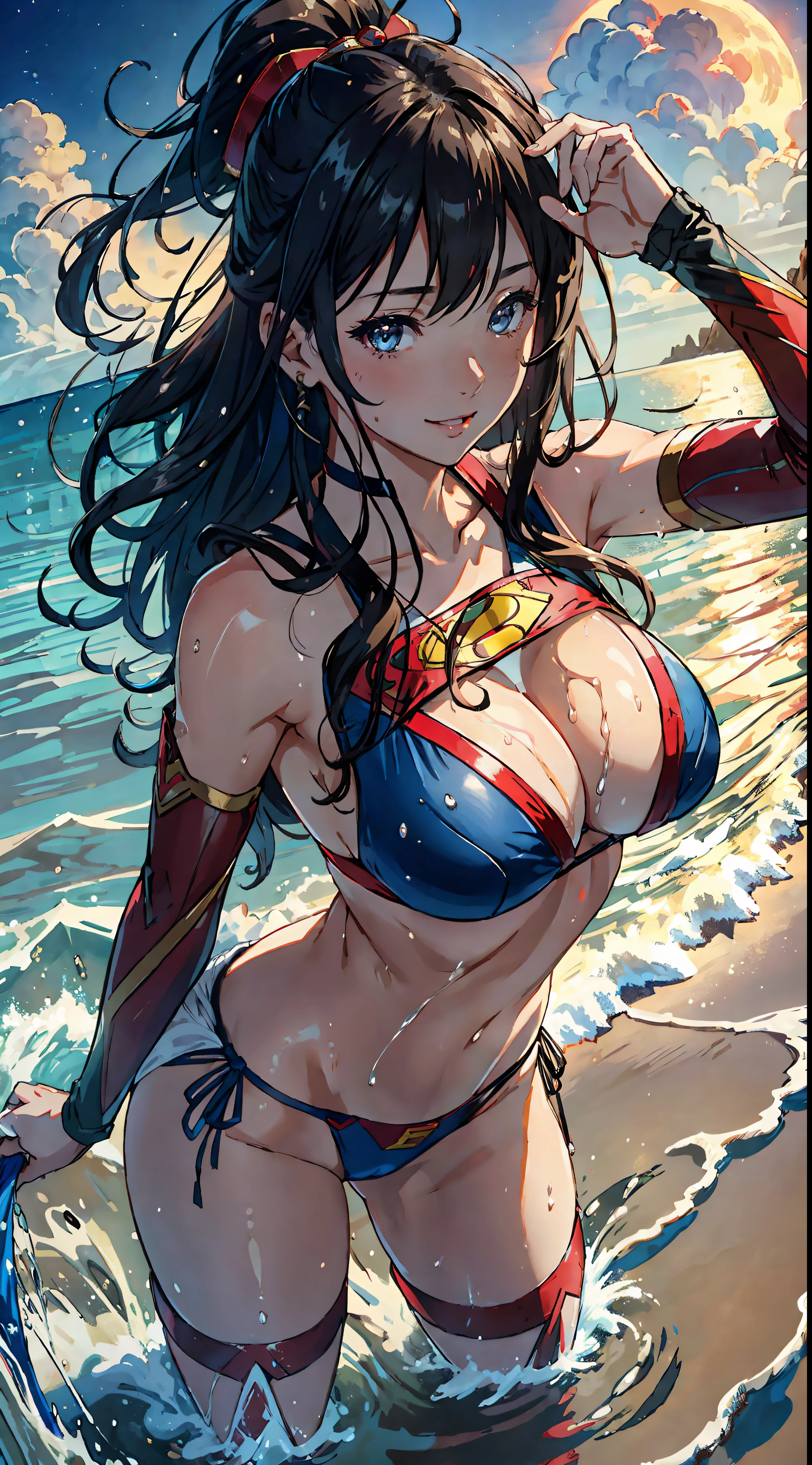 1girll， 独奏， hair adornments， She's wet， Erotic bikini Superman uniform，Supergirl，Take aphrodisiacs，Lewd expression，Smile， exteriors， Skysky， moon full， Sateen， brunette color hair，long hair flowing，Full body photo mid-shoulder，  exposed bare shoulders， afloat， nigh sky，Bigchest， obi strip， wetclothes，From the front side， Reflectors，hair straight， mostly cloudy sky， Wet hair （（（tmasterpiece），（Very detailed CG unity 8K wallpaper），best qualtiy，，独奏，1girll，cinmatic lighting，detailed back ground，beatiful detailed eyes，Bright pupils，（Very fine and beautiful），（Beautiful and detailed eye description），ultra - detailed，tmasterpiece，）），facing at camera，Leakage out of the breast，Expose the lower body，nakeness，8K，Protruding underparts，Camel toes