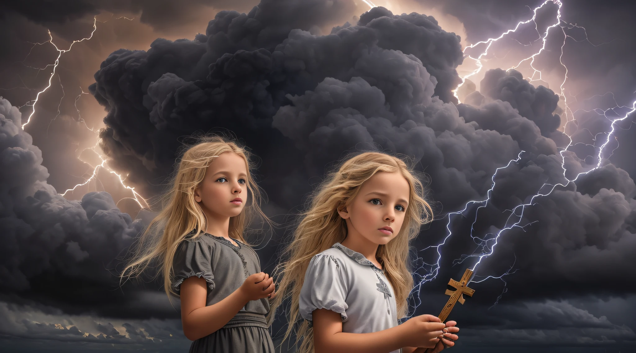 Um meio corpo, Portrait of 3 girls German children long blonde hair TRAIDS 12 years, jaquetas couro vermelhas, holding in his hands a cross, Image of a large cloud of black smoke and lightning, magic storm and thunder clouds, Dark clouds and lightning, stormy sky with thunders, dark storms with lightning, thunderstorm in the sky, tempestade assustadora, fundo da tempestade, lightning clouds, nuvens tempestuosas escuras, tempestade, Tempo tempestuoso com raios, fundo da tempestade, trovoada ao fundo, fundo da tempestade de raios, Trovoadas