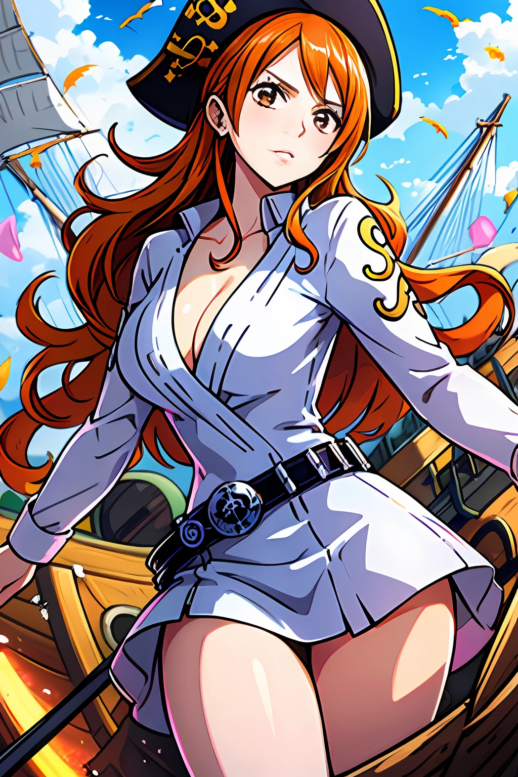 (((masutepiece+Best Quality+High resolution+Ultra-detailed))), 1girl with clima-tact, Nami, long silky orange hair, High Nose, Sharp eyes, noble and inviolable temperament, (([Female]: 1.2 + [Beauty]: 1.2 + Orange long hair: 1.2)), pirate ship background, Blue sky, Clouds, Bracelets, white long sleeve mini dress and donned another belt, Bright eyes, dynamic angle and posture.