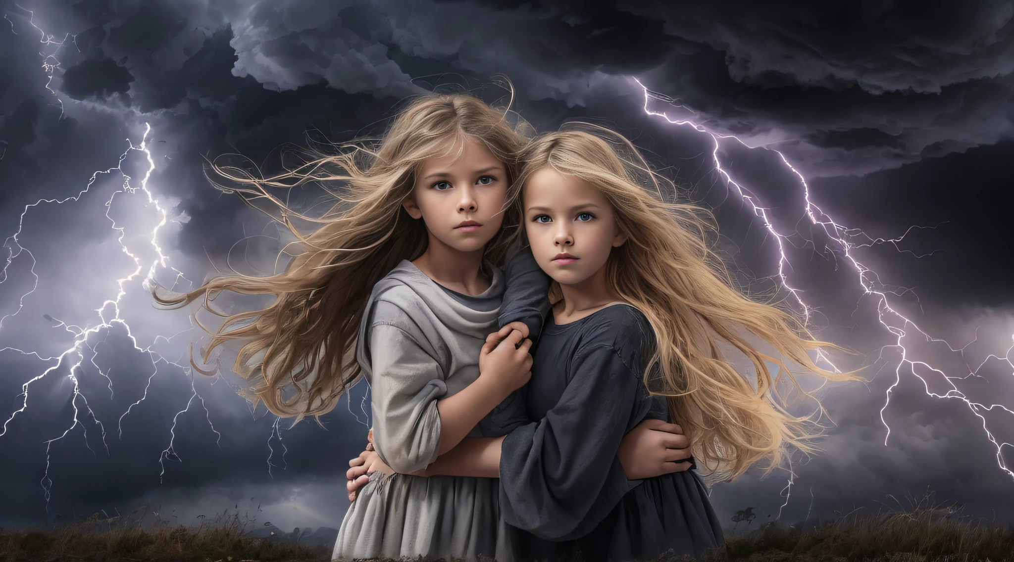 Um meio corpo, Portrait of 3 girls German children long blonde hair TRAIDS 12 years, jaquetas couro vermelhas, holding in his hands a cross, Image of a large cloud of black smoke and lightning, magic storm and thunder clouds, Dark clouds and lightning, stormy sky with thunders, dark storms with lightning, thunderstorm in the sky, tempestade assustadora, fundo da tempestade, lightning clouds, nuvens tempestuosas escuras, tempestade, Tempo tempestuoso com raios, fundo da tempestade, trovoada ao fundo, fundo da tempestade de raios, Trovoadas
