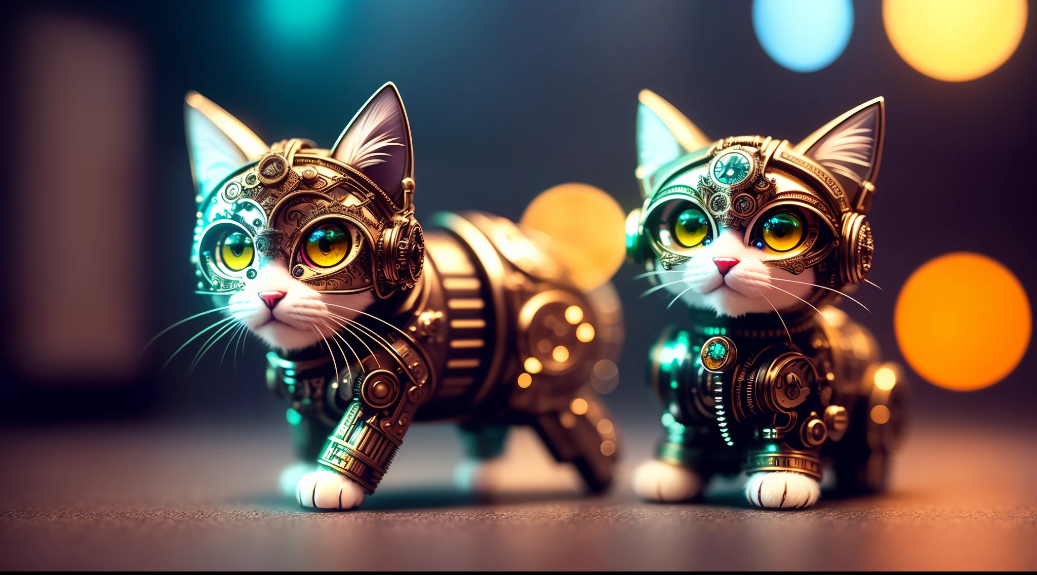 a cute fluffy kitten made out of metal, cyborg, cyberpunk style, clockwork, ((intricate details)), hdr, big eyes, ((intricate details, hyperdetailed)), vacuum tube or electron tube, cinematic shot, vignette, bokeh effect beckground