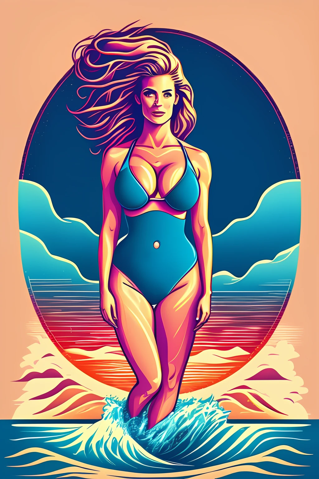 (a portrait of a sexy hot beautiful female surfer on the beach at sunset:1) , t-shirt logo in the style of tapered fine outline, vectorial art, orthographic-view, art on (empty background:1.4)Hands,