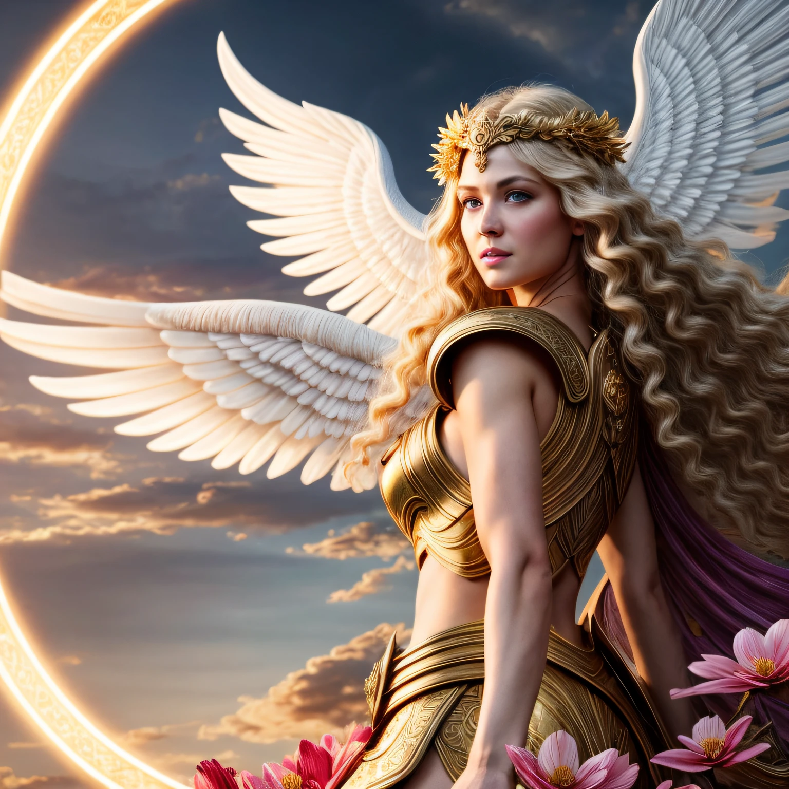 ((best quality)), ((masterpiece)), ((inked)), (sunset:1.2), (dynamic flying action pose:1.3), 1girl, majestic intricately detailed soft oil painting by jim lee, body portrait, low angle, a beautiful blonde blue eyed female archangel, (long blonde curls:1.2), (halo:1.2),  Soft facial features, (Cara Delevigne:0.8)|(jennifer connoly:1.1), (white feathered wings:1.2), (white enamel armor with detailed golden inlay scroll work), ((sheer white silk)), (glowing gold halo:1.3), in the sky, (heavenly gold lined clouds background:1.3), professional full body shot, dramatic cinematic lighting, soft edge lighting, (bloom:1.2),  photographed on a Canon EOS R5, 50mm lens, F/2.8, HDR, professional, dramatic cinematic lighting, (god rays:1.3), (backlit:1.2), hard edge lighting, warm vibrant colors, (swirling flower petals:1.3), cinematic Film still from wrath of the titans|the lord of the rings|(dogma:0.8)|(krull:0.1|the void