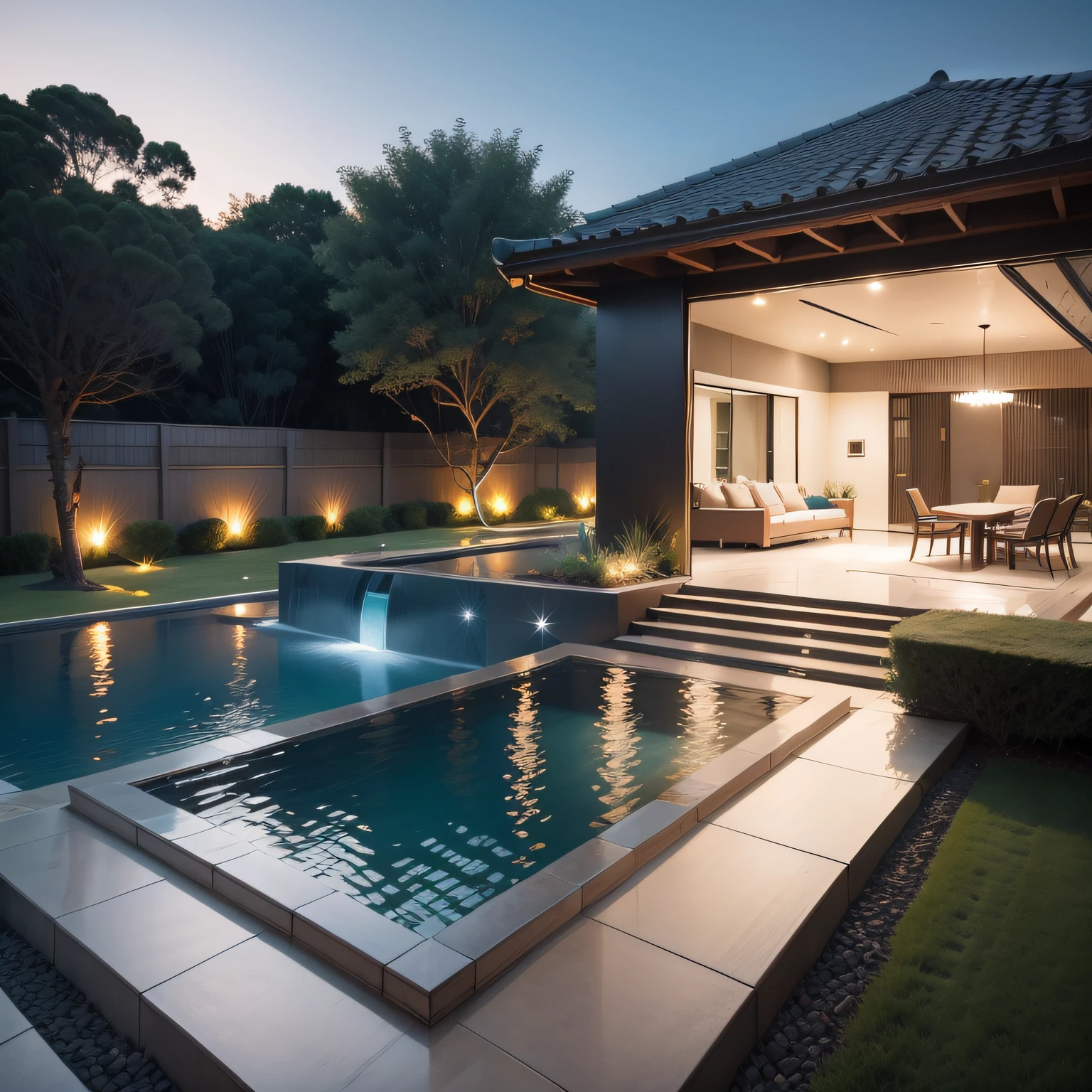 infinity pool and spa in backyard with house