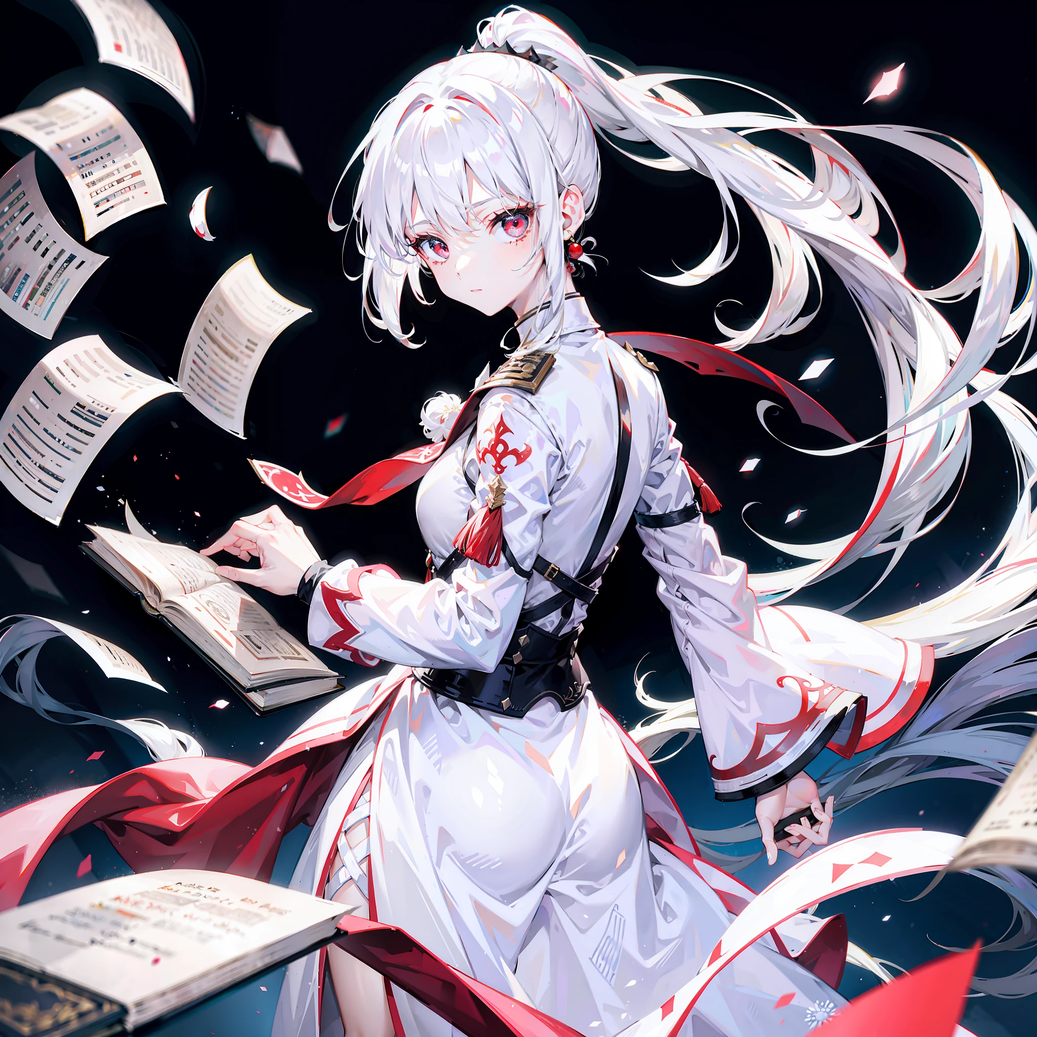 White hair JK white silk red eyes learning background high ponytail holding a book