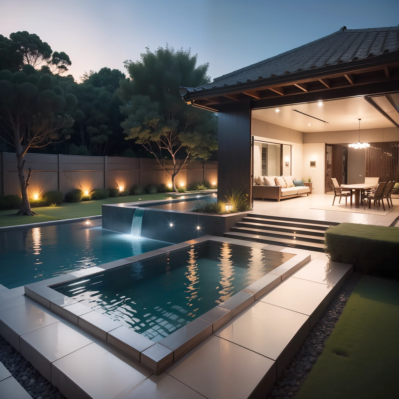 infinity pool and spa in backyard with house