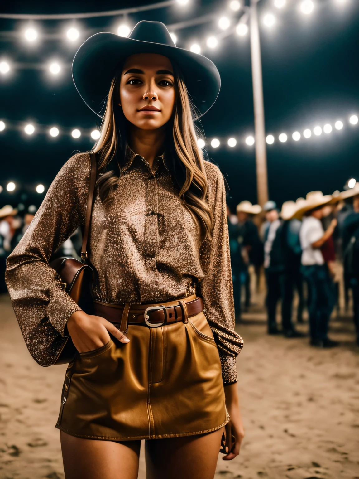 Foto RAW de uma mulher branca do sul de 24 anos, average-looking person, cabelo loiro, wearing a cowgirl hat and brown boots, sardas, (rosto detalhado), corpo em forma, ((meio corpo)), em um evento sertanejo, palco iluminado ao fundo, crowd of people with hats in the background, de noite, (pele altamente detalhada: 1.2), 8k uhd, dslr, soft-lighting, alta qualidade, grain of film, Fujifilm XT3