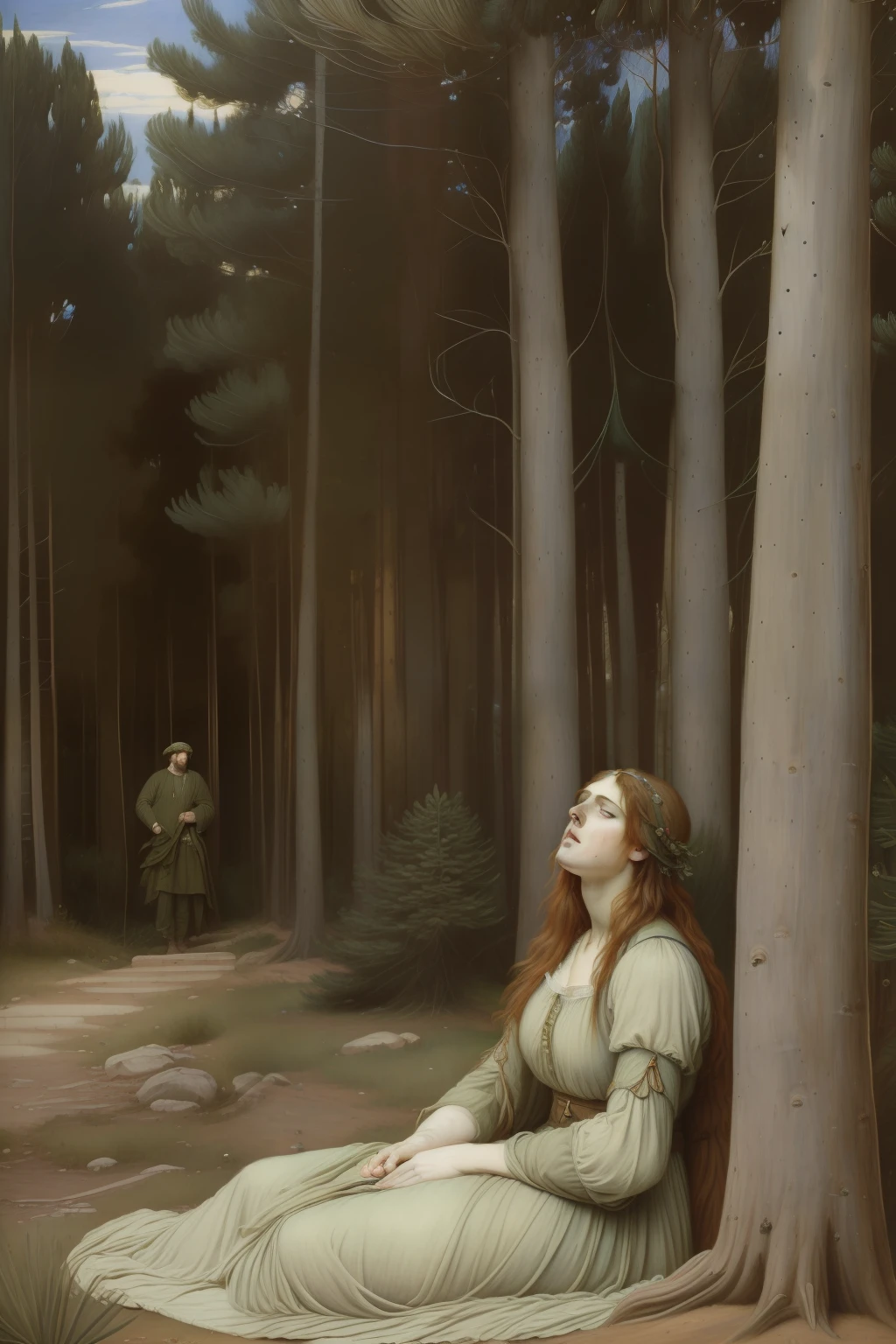 (((Pre-Raphaelite painting of wounded warrior groans in pain under a wild pine tree))) paisagem celta