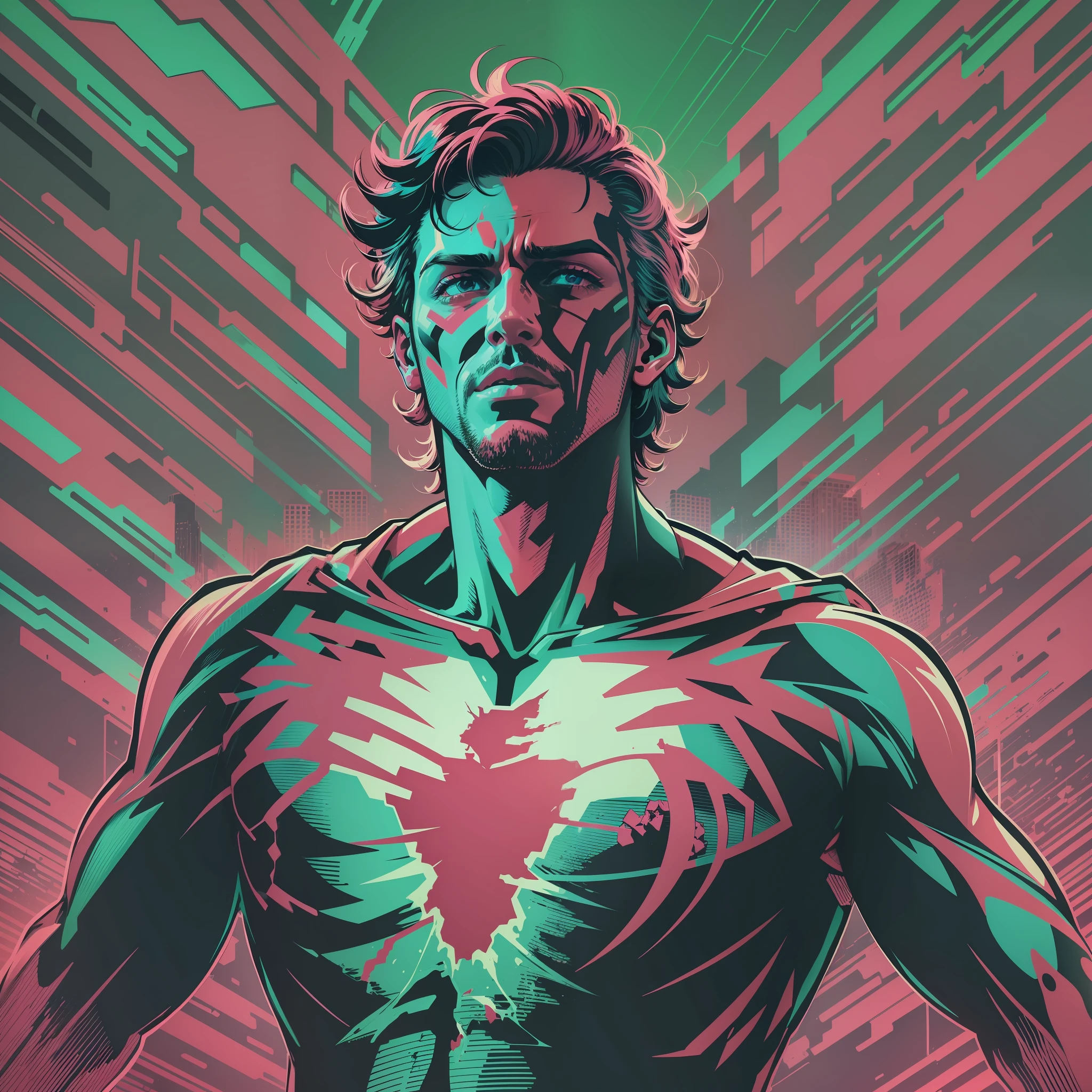 man ripping open his chest, synthwave aesthetics, illustration, vector art, screen print art--q 5