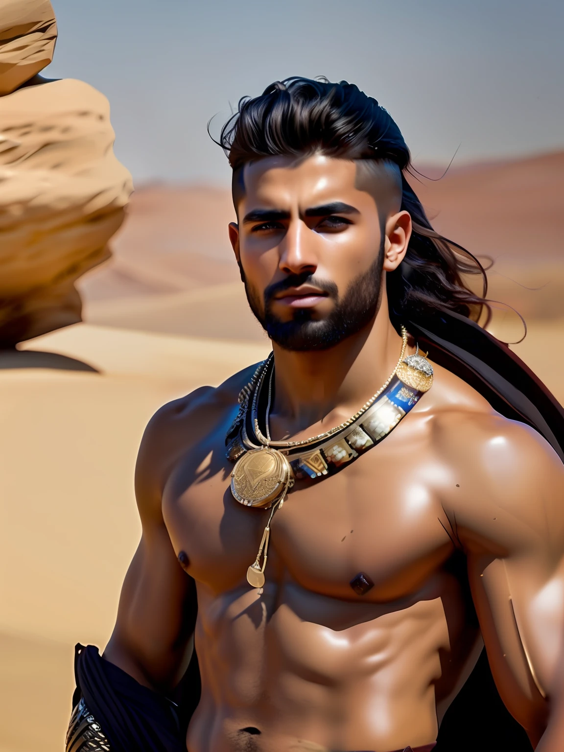 fking_scifi, fking_scifi_v2, portrait of a young, muscular very handsome and attractive Arabic warrior man, in front of an sand desert, long messy hair, hairy body, rich colorful and golden jewelry, close up, regal pose and attitude. fking_cinema_v2.