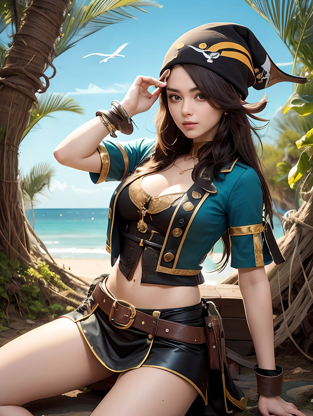 Join the daring treasure hunter, Jade, enquanto ela navega em mar aberto em busca de tesouros piratas enterrados. Sua roupa cativante combina elementos de um traje tradicional de pirata com um toque de estilo moderno, making it impressive and formidable. --auto --s2