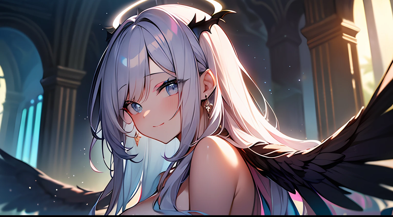(Masterpiece:1.2), best quality, (illustration:1.2), (ultra-detailed),Eye focus,(Masterfully crafted Glow, pink lens flare), (Cinematic background), hyper details, (delicate detailed), (intricate details),in the air, octane render, hdr, (hyperdetailed:1.15), (soft light:1.2), 1girl, beautiful girl, ultra detailed eyes, mature, plump, thick, rainbow painting drops, paint teardrops, woman made up from paint, entirely paint, splat, splash, outdoors, (bioluminescent hair:1.1),(glowing eyes), ((makeup)),(Cinematic masterpiece), fierce, powerful, splashes of colour absolutely eye-catching, (Cinematic headlight), light coming from above, growing shadows, ((caustic)), dynamic angle, beautiful detailed glow, ambient occlusion, ambient light, raytraced reflections,(best illumination, an extremely delicate and beautiful), ((cinematic light)), (soft:2), (Nephilim:1.2), (halo), demon horns,(1 angel wing),1 demon wing, wings on back, half demon, demon ears, black wings, raven wings, (falling raven feathers), black hair, grey eyes, (red hair glow), (radiant aura),