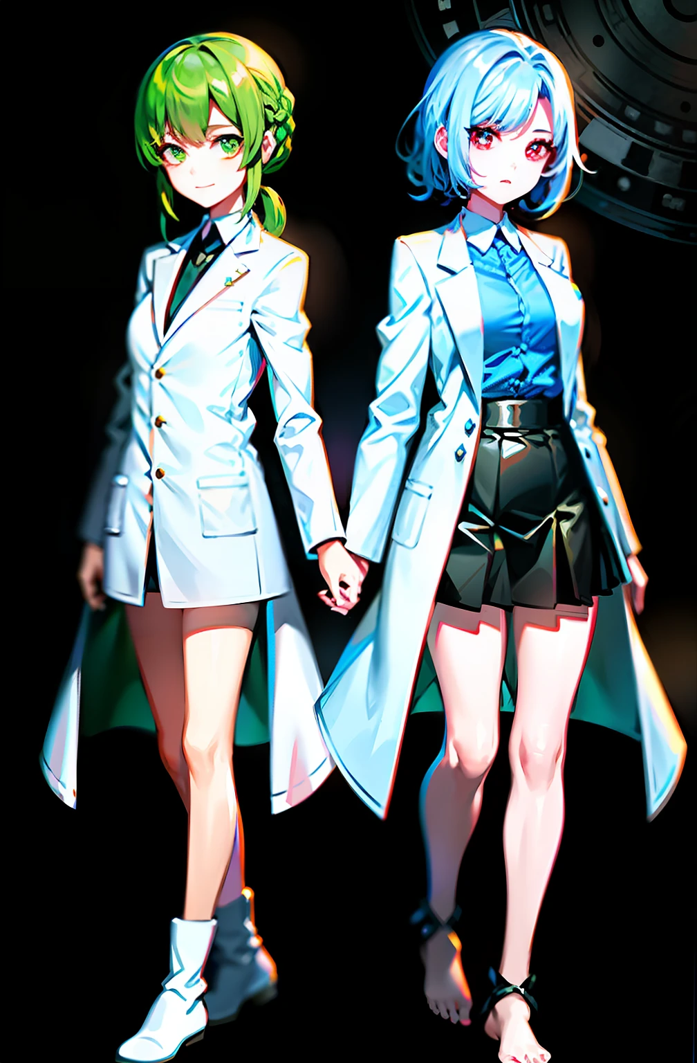 The girl on the left wears a long white coat,It's green eyes。The girl on the right has red eyes,There are dull hairs,And there are no shoes。