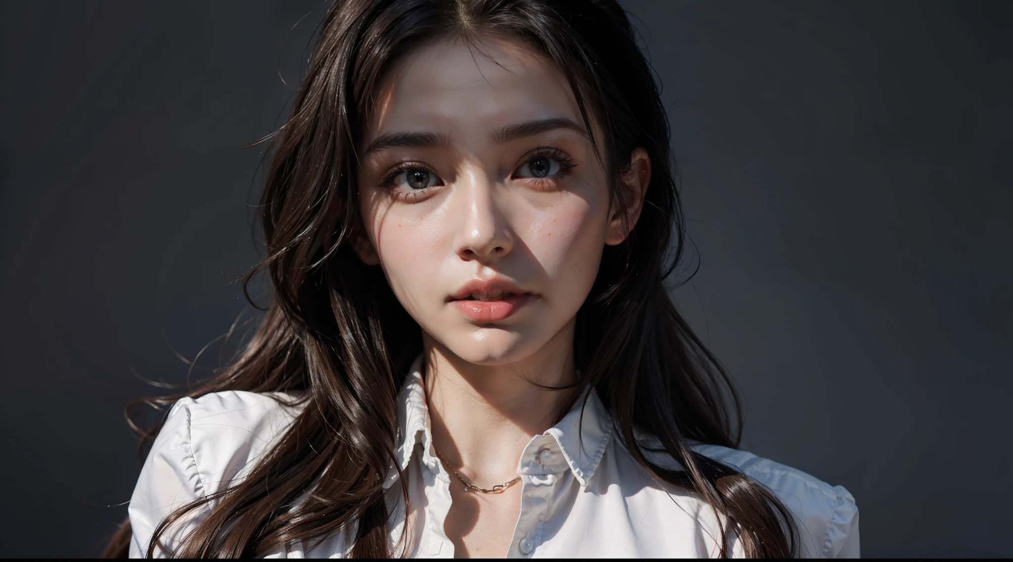 21 year old woman wearing navy blazer, russian, white skin, brown hair, blue eyes, realistic image, picture perfect, perfect face, cinematic lighting, showing from waist to head
