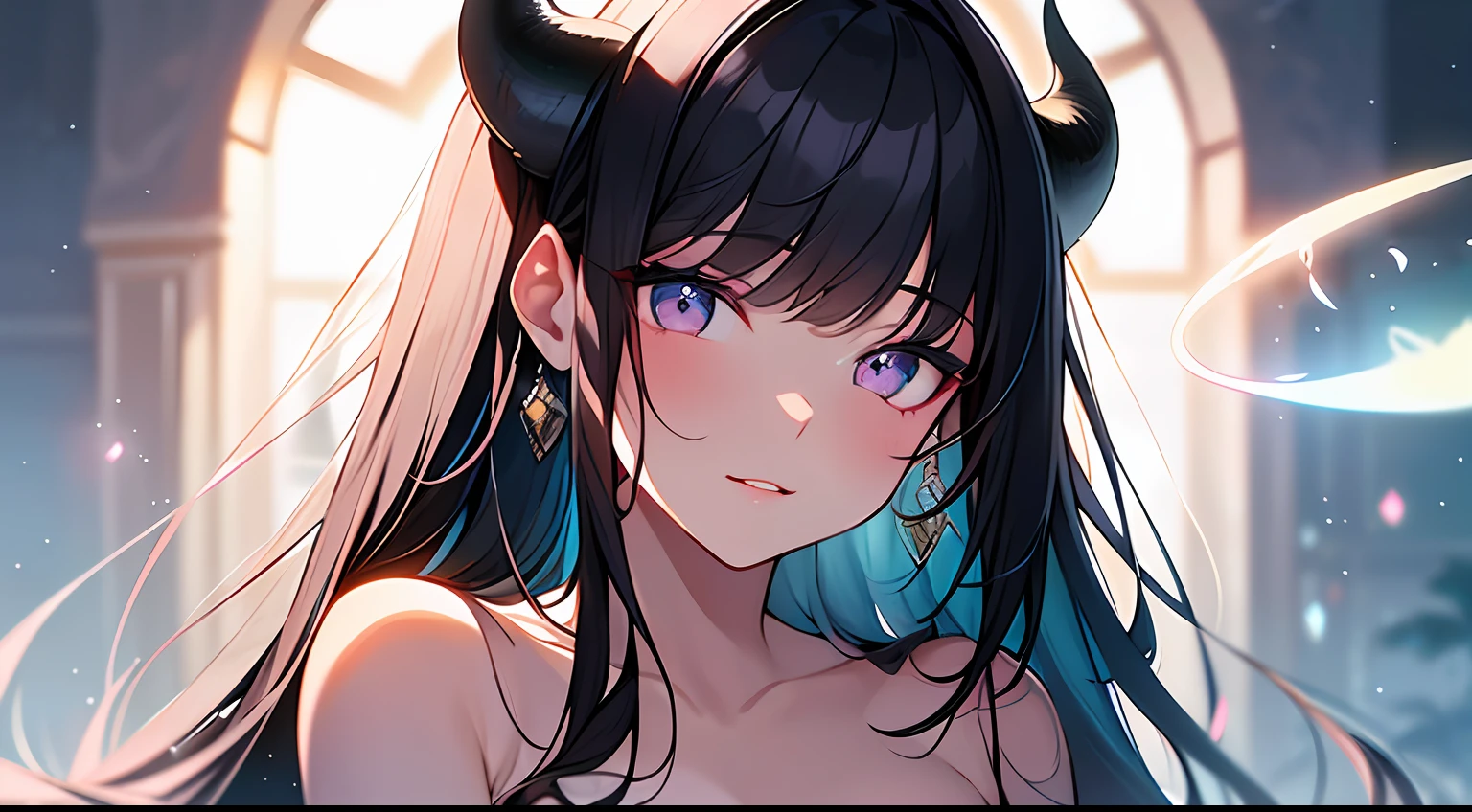 (Masterpiece:1.2), best quality, (illustration:1.2), (ultra-detailed),Eye focus,(Masterfully crafted Glow, pink lens flare), (Cinematic background), hyper details, (delicate detailed), (intricate details),in the air, octane render, hdr, (hyperdetailed:1.15), (soft light:1.2), 1girl, beautiful girl, ultra detailed eyes, mature, plump, thick, rainbow painting drops, paint teardrops, woman made up from paint, entirely paint, splat, splash, outdoors, (bioluminescent hair:1.1),(glowing eyes), ((makeup)),(Cinematic masterpiece), fierce, powerful, splashes of colour absolutely eye-catching, (Cinematic headlight), light coming from above, growing shadows, ((caustic)), dynamic angle, beautiful detailed glow, ambient occlusion, ambient light, raytraced reflections,(best illumination, an extremely delicate and beautiful), ((cinematic light)), (soft:2), (Nephilim:1.2), (halo), demon horns,(1 angel wing),1 demon wing, wings on back, half demon, demon ears, black wings, raven wings, (falling raven feathers), black hair, grey eyes, (red hair glow), (radiant aura),