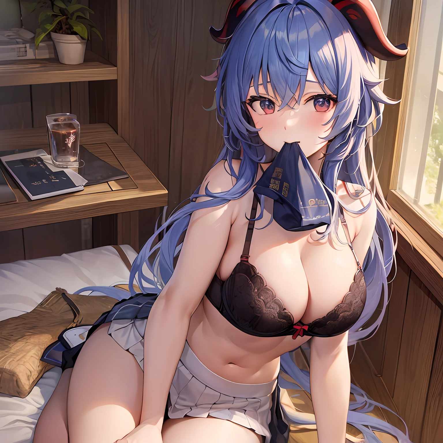 1Ganyu, large breasts,clothes in mouth, cleavage, navel, t-shirt, ((bra)),clothes lift, shirt in mouth, skirt, lying, full Body,sexy body,sitting, back hand