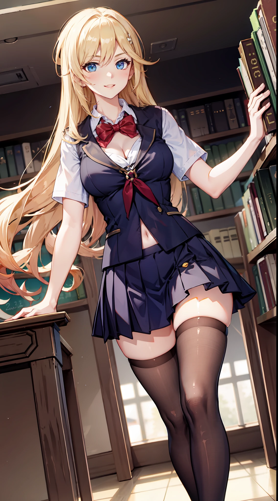 slim legs, happy, cleavage, short skirt, navel, blue eyes, school uniform, thigh high socks, stand, library , blonde hair, long hair