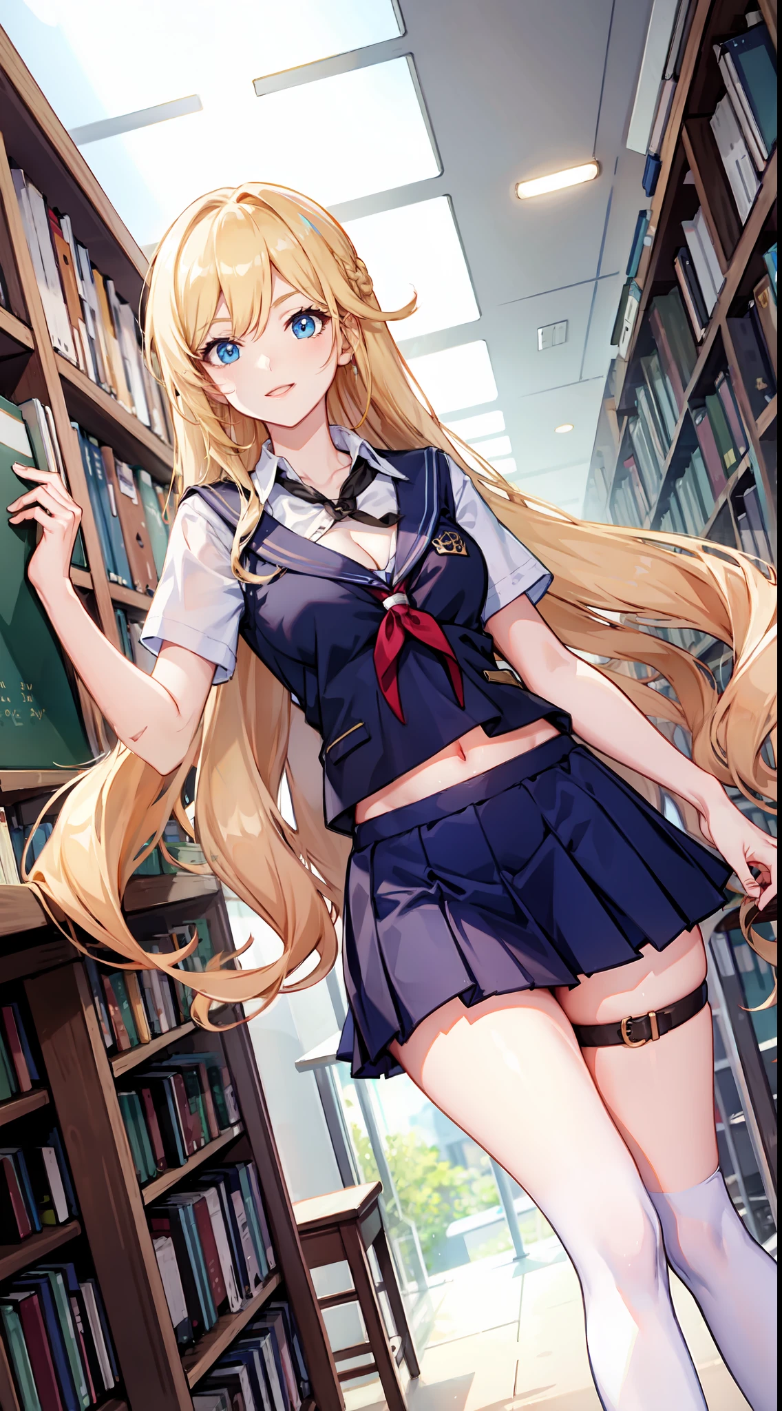 slim legs, happy, cleavage, short skirt, navel, blue eyes, school uniform, thigh high socks, stand, library , blonde hair, long hair