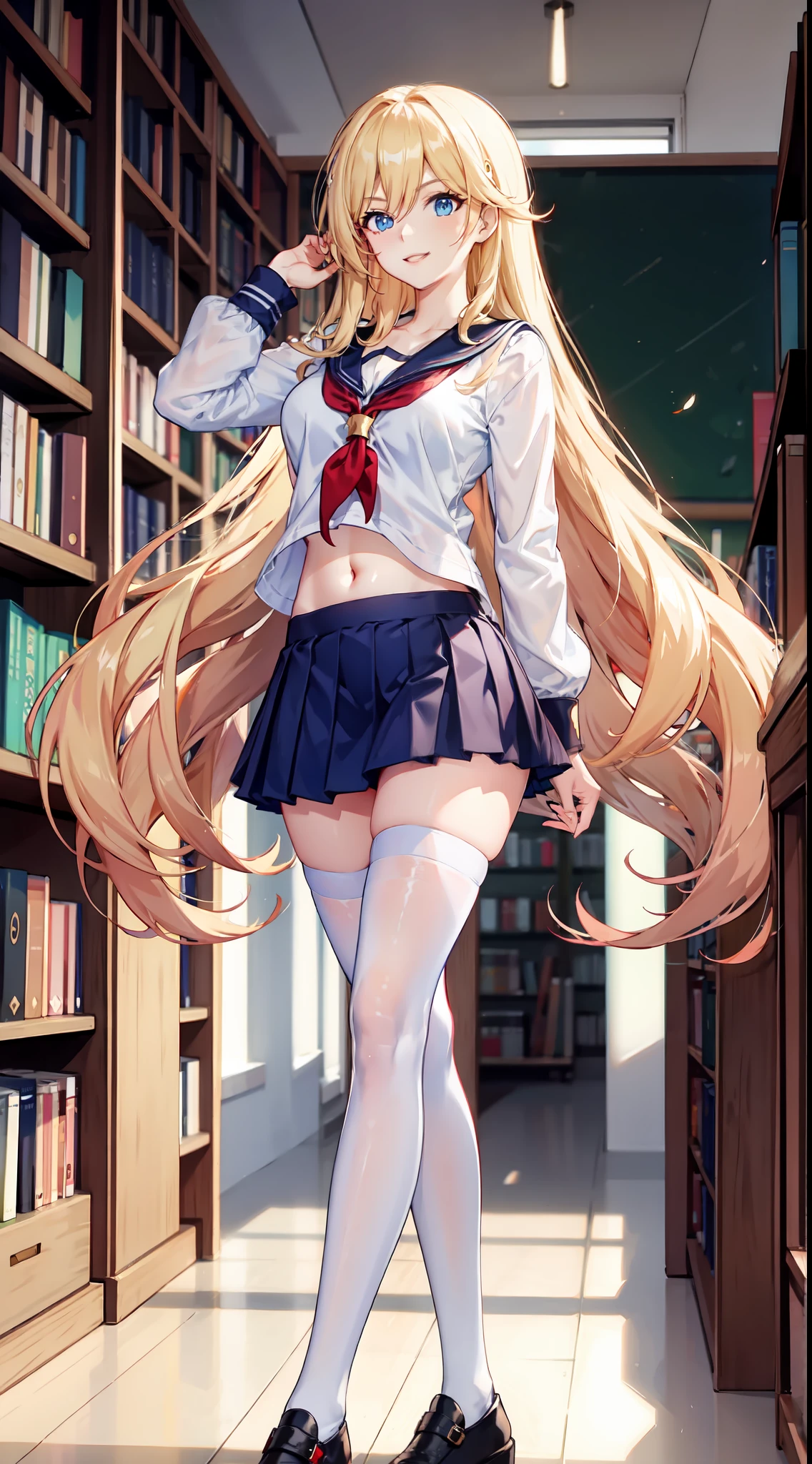 slim legs, happy, cleavage, short skirt, navel, blue eyes, school uniform, thigh high socks, stand, library , blonde hair, long hair