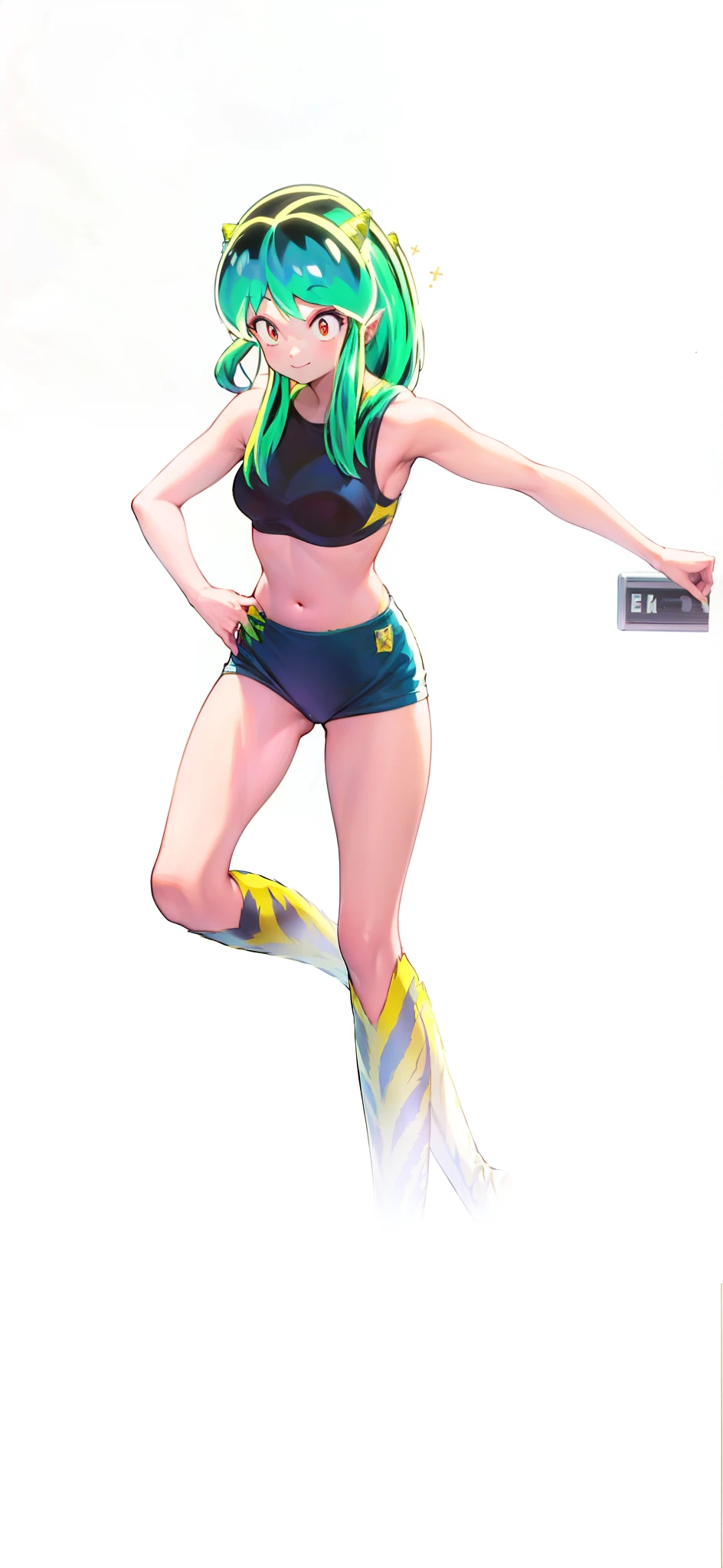 Tiger print boots、sport underwear、Woman with green hair and horns、dance、animesque、urusei yatsura、A smile、Background white