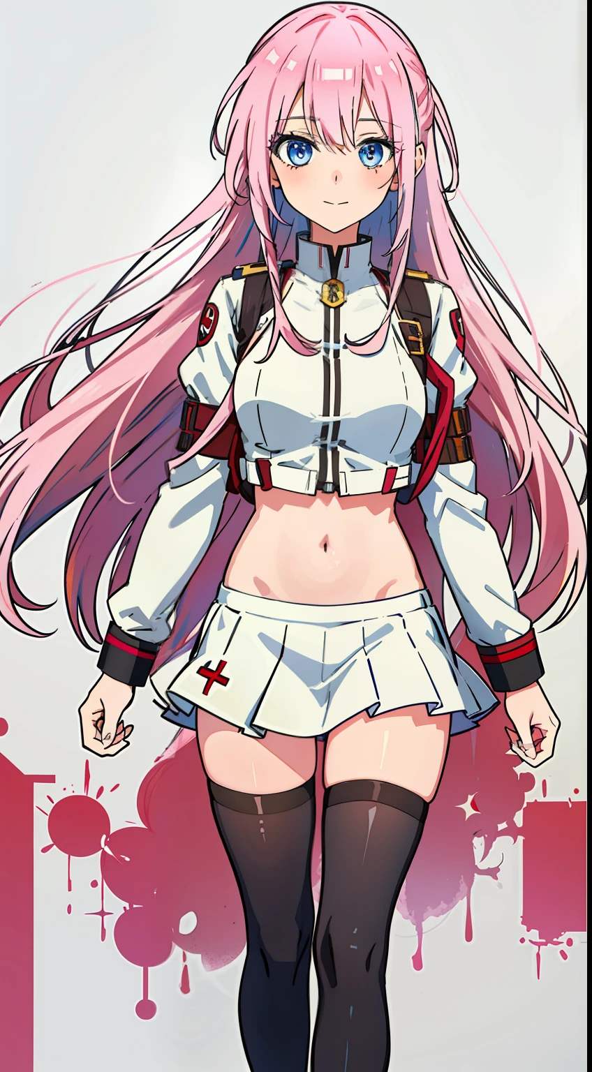 shikimori, slim legs, navel, short skirt, standing, beautiful eyes, blue eyes, happy, soldier, pink hair, long hair, thigh high socks,