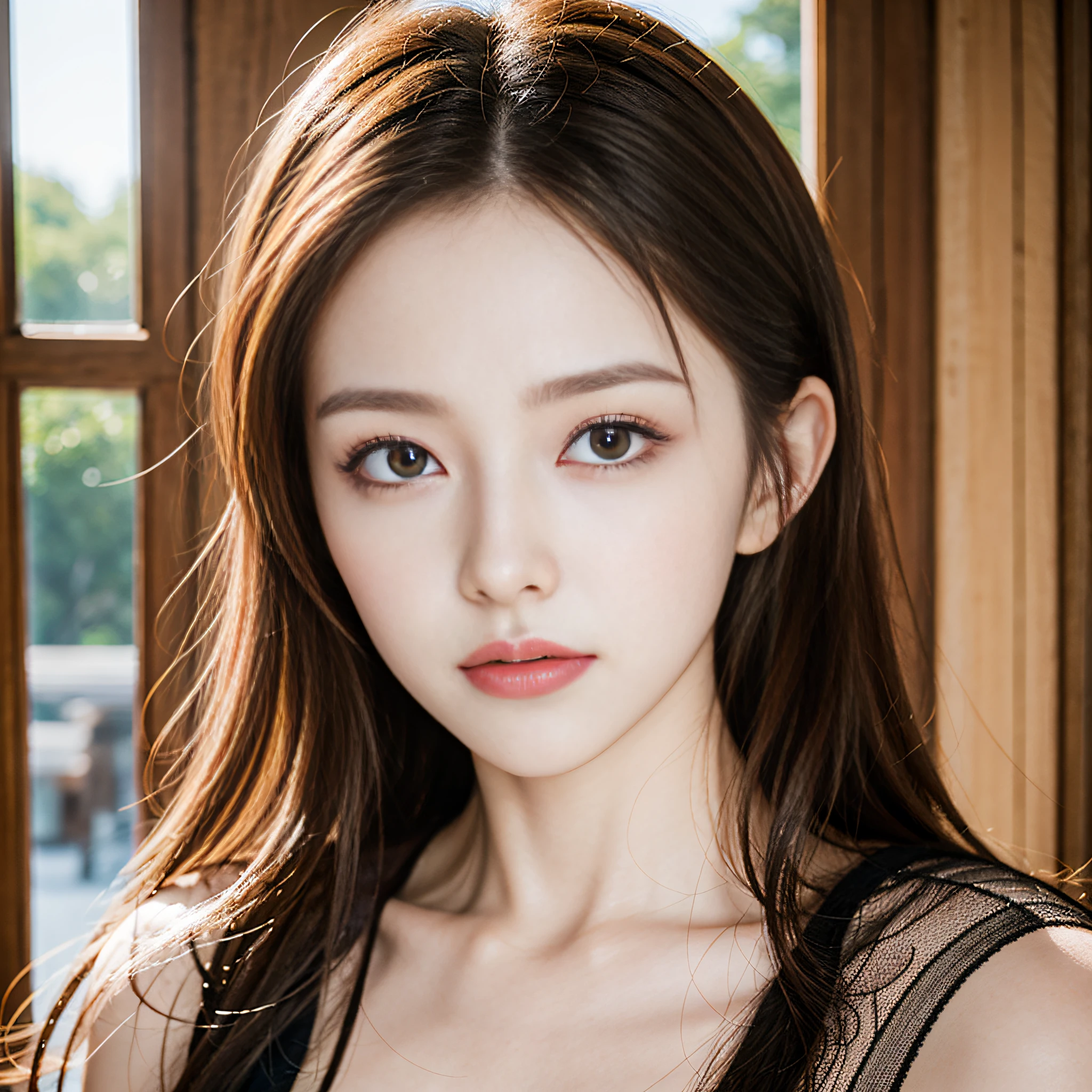 (masterpiece), (highest quality), (realistic), attractive daughter, beautiful portrait, transparent eyes, beautiful eyes, beautiful nose, beautiful mouth, pretty lips, fine-grained skin, portrait shooting, long hair, elegant long face, beautiful woman with perfect figure: 1.4,