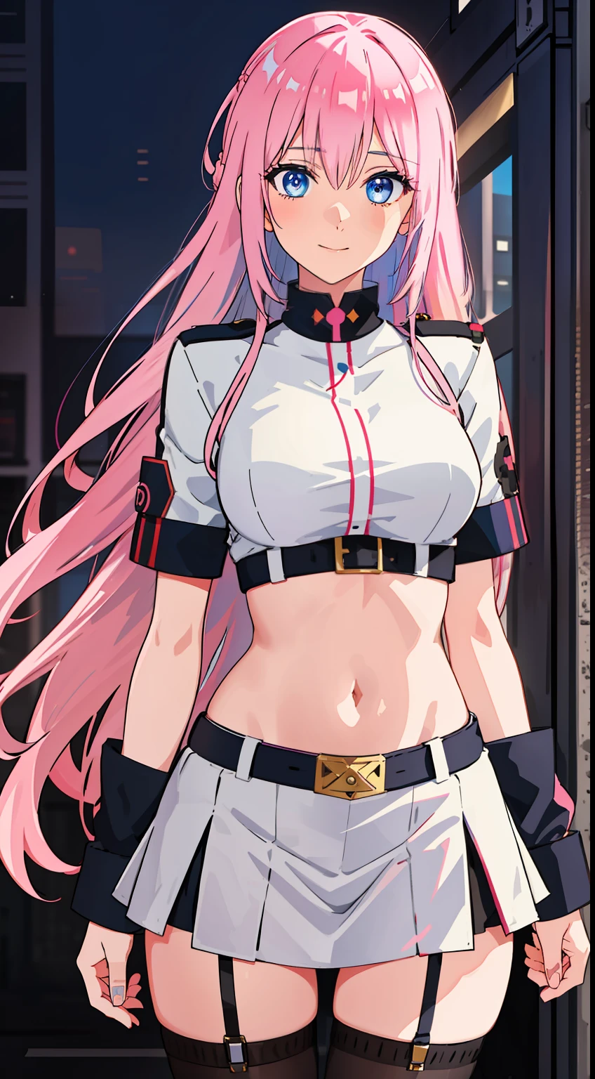 shikimori, slim legs, navel, short skirt, standing, beautiful eyes, blue eyes, happy, soldier, pink hair, long hair, thigh high socks,