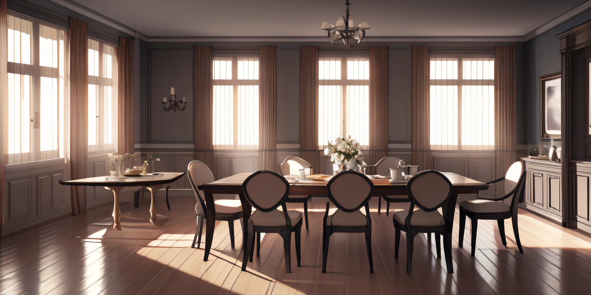 dining room with a table with breakfast, com cadeiras e janelas, 8K Vray rendering, Unreal Engine Rendering 5, fantasia realista, cinematic render, Photorealistic octane rendering