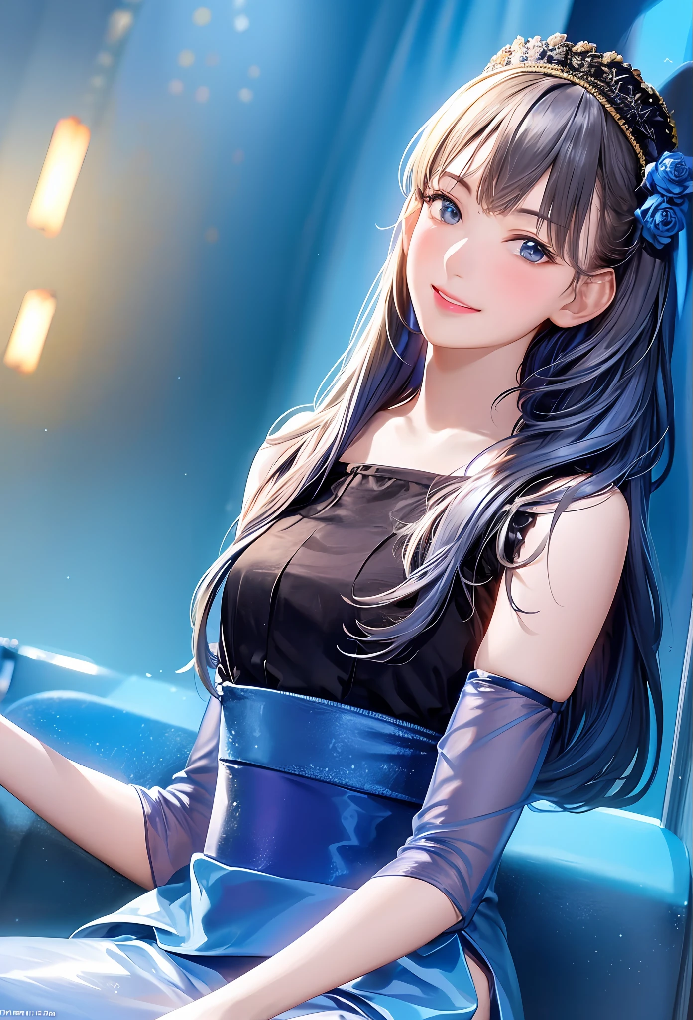 (8k, top quality, masterpiece: 1.2), (realistic, photorealistic: 1.37), super detailed, girl alone, cute, solo, midnight, beautiful detailed sky, detailed café, sitting, dating, (blush), (smile: 1.15), small breasts (mouth closed), beautiful fine eyes, floating hair NovaFrogStyle, back open dress, blue rose accessories, Blue rose background